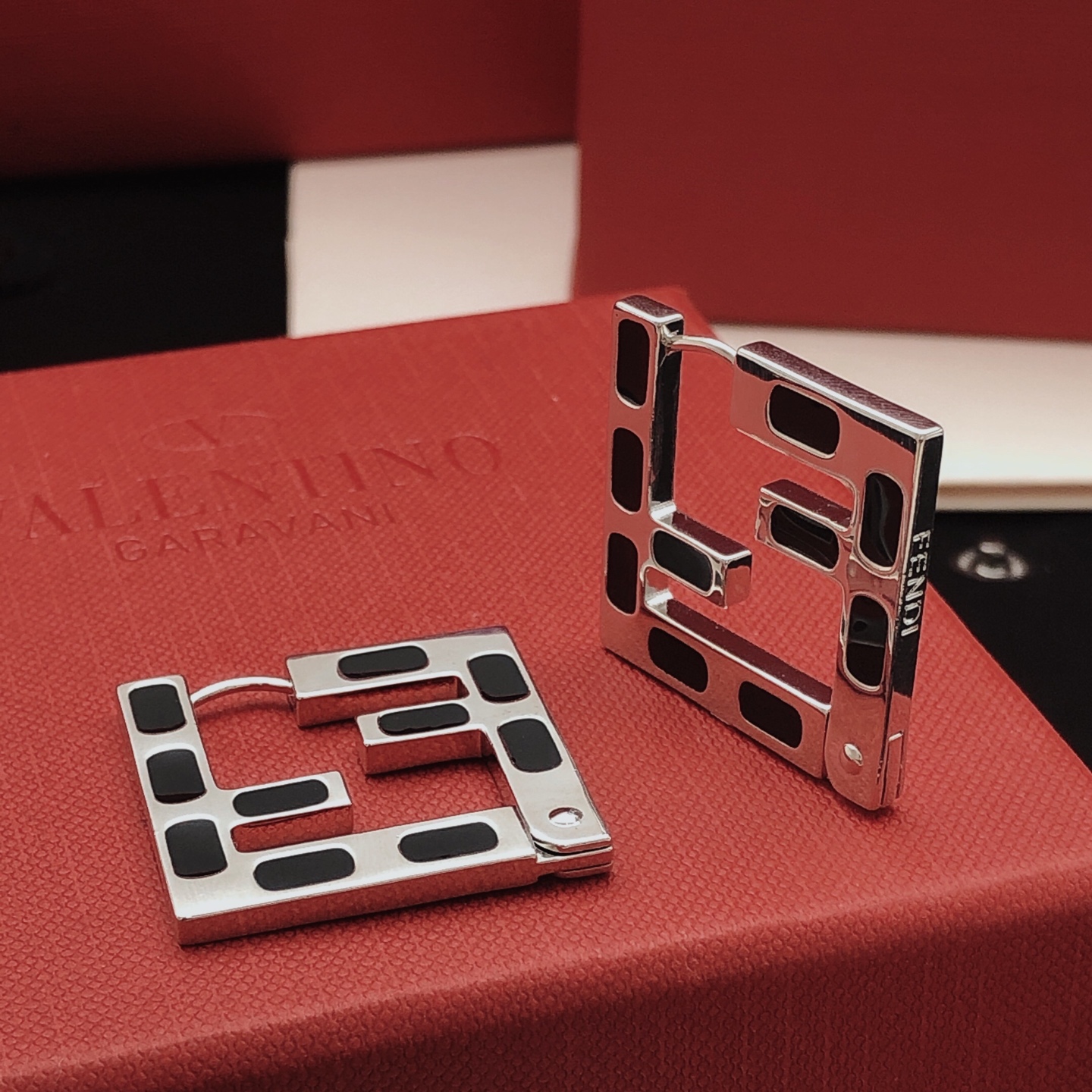 Fendi FF Logo Cutout Hoop Earrings earrings silver-tone metal with black enamel inlay 3cm square