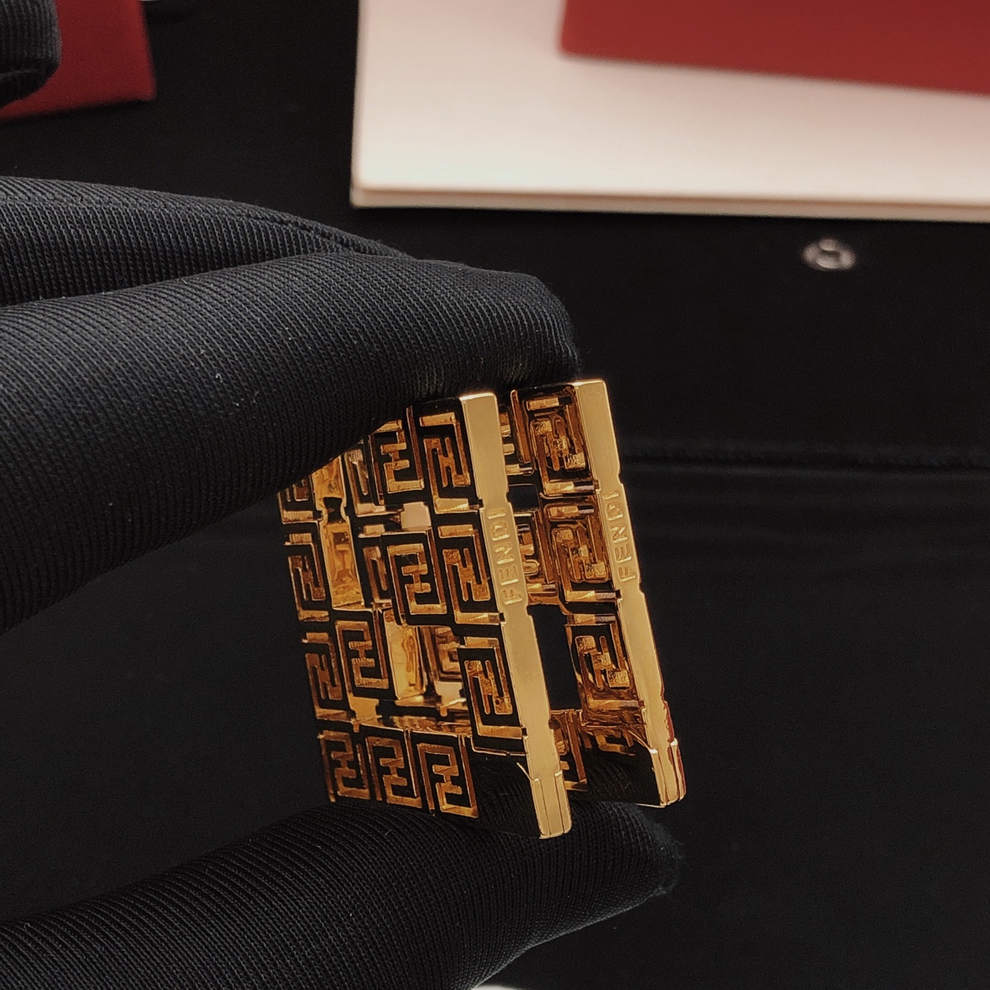 Fendi FF Monogram Square Hoop earrings gold-tone metal with black enamel detailing 4 5cm length