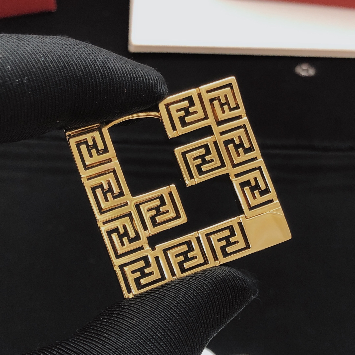 Fendi FF Monogram Square Hoop earrings gold-tone metal with black enamel detailing 4 5cm length