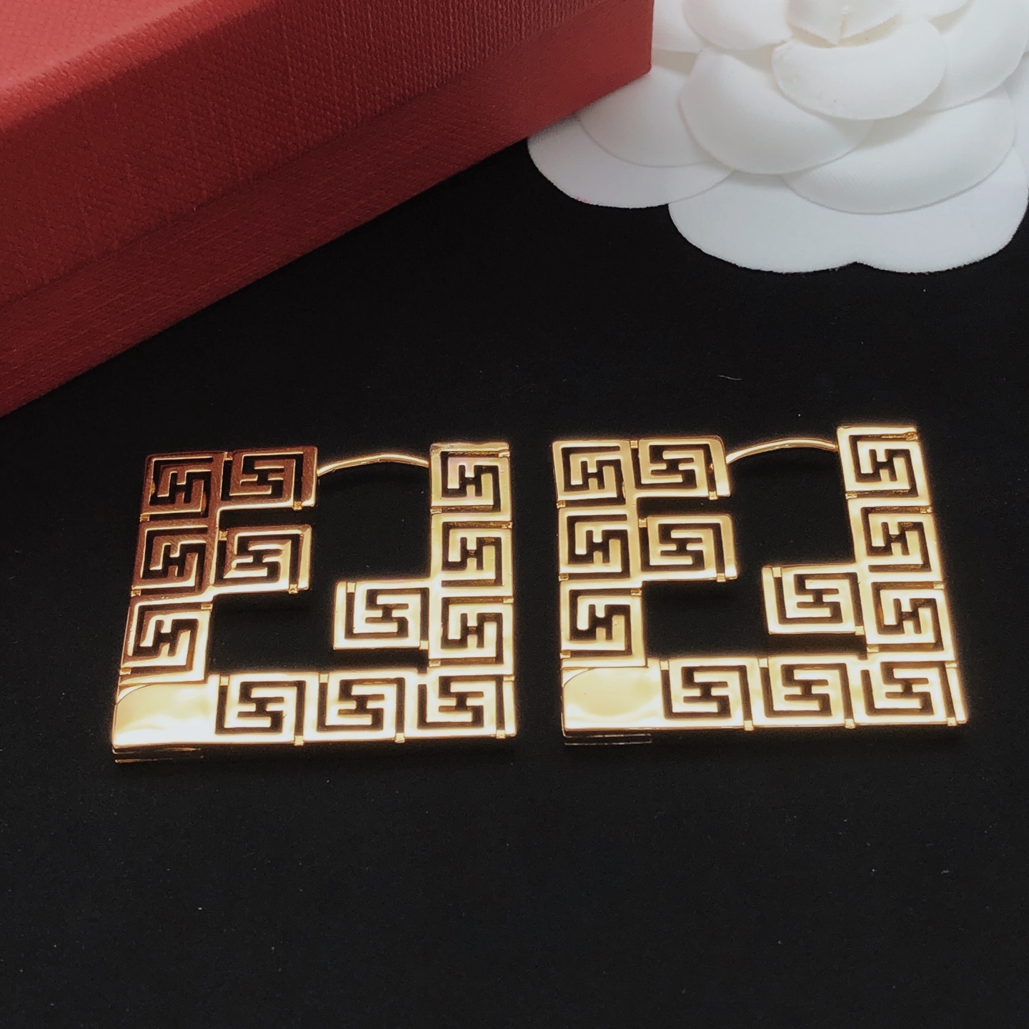 Fendi FF Monogram Square Hoop earrings gold-tone metal with black enamel detailing 4 5cm length