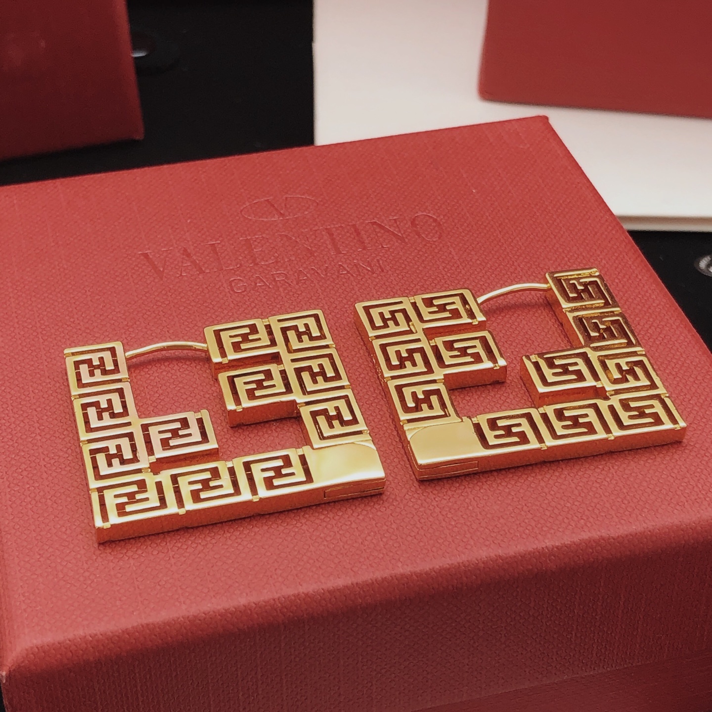 Fendi FF Monogram Square Hoop earrings gold-tone metal with black enamel detailing 4 5cm length