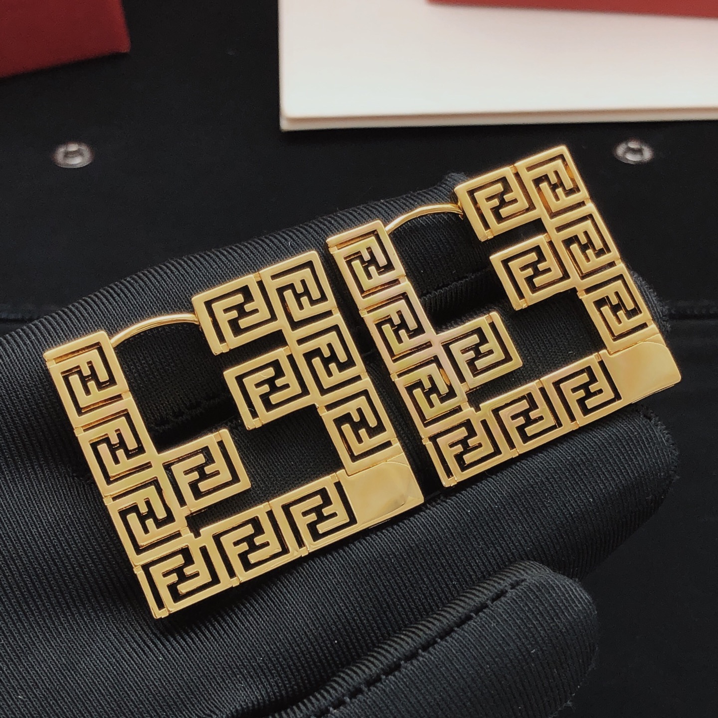 Fendi FF Monogram Square Hoop earrings gold-tone metal with black enamel detailing 4 5cm length