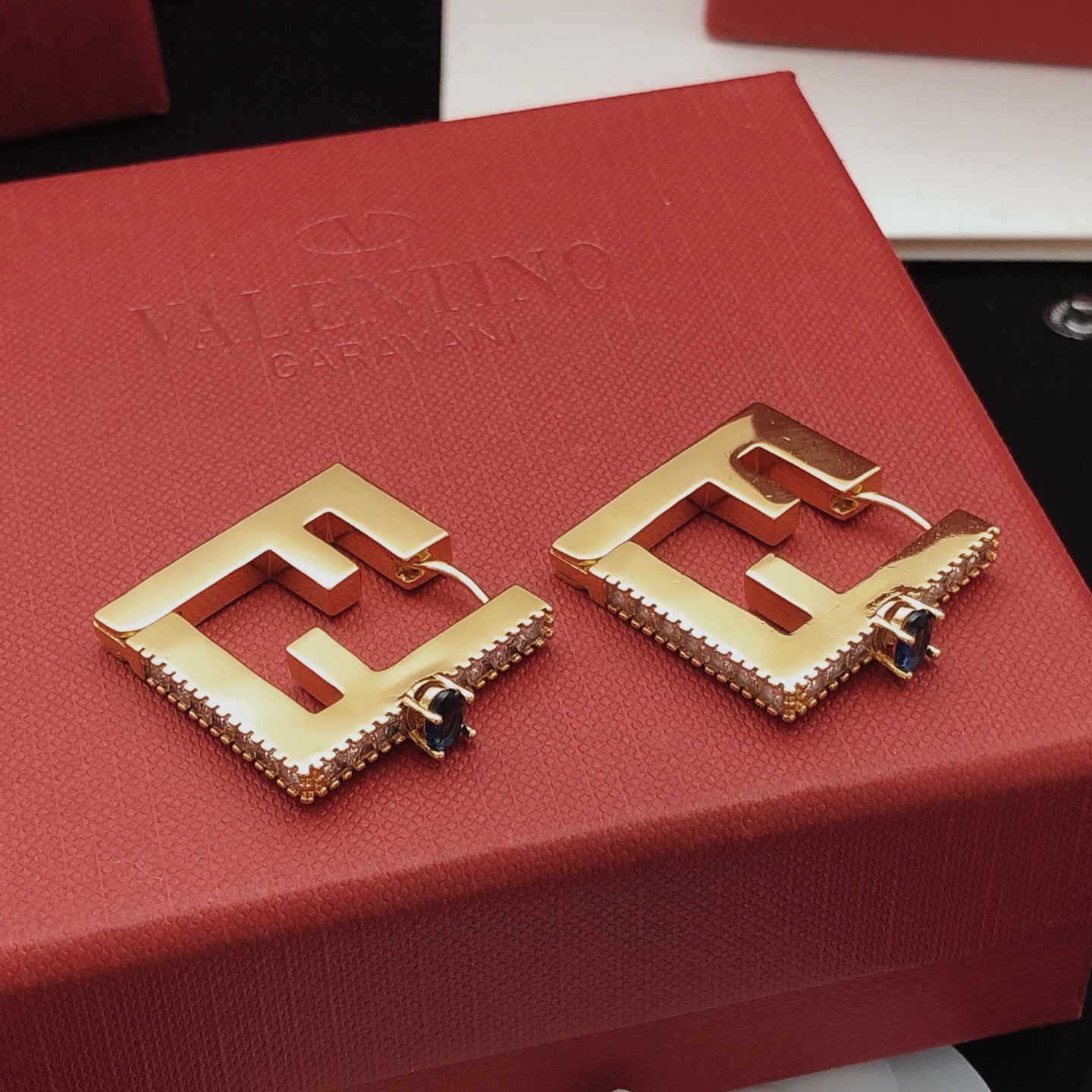 Fendi FF Logo Hoop Earrings earrings gold-tone metal with clear cubic zirconia and dark blue gemstone accents 2 5cm hoop diameter