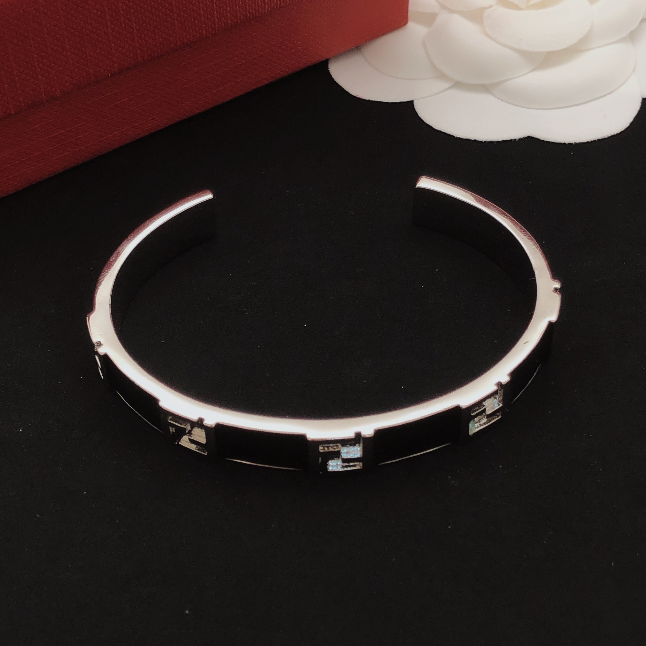 Fendi FF Logo Enamel Cuff bracelet silver-tone metal with black enamel 17cm inner circumference