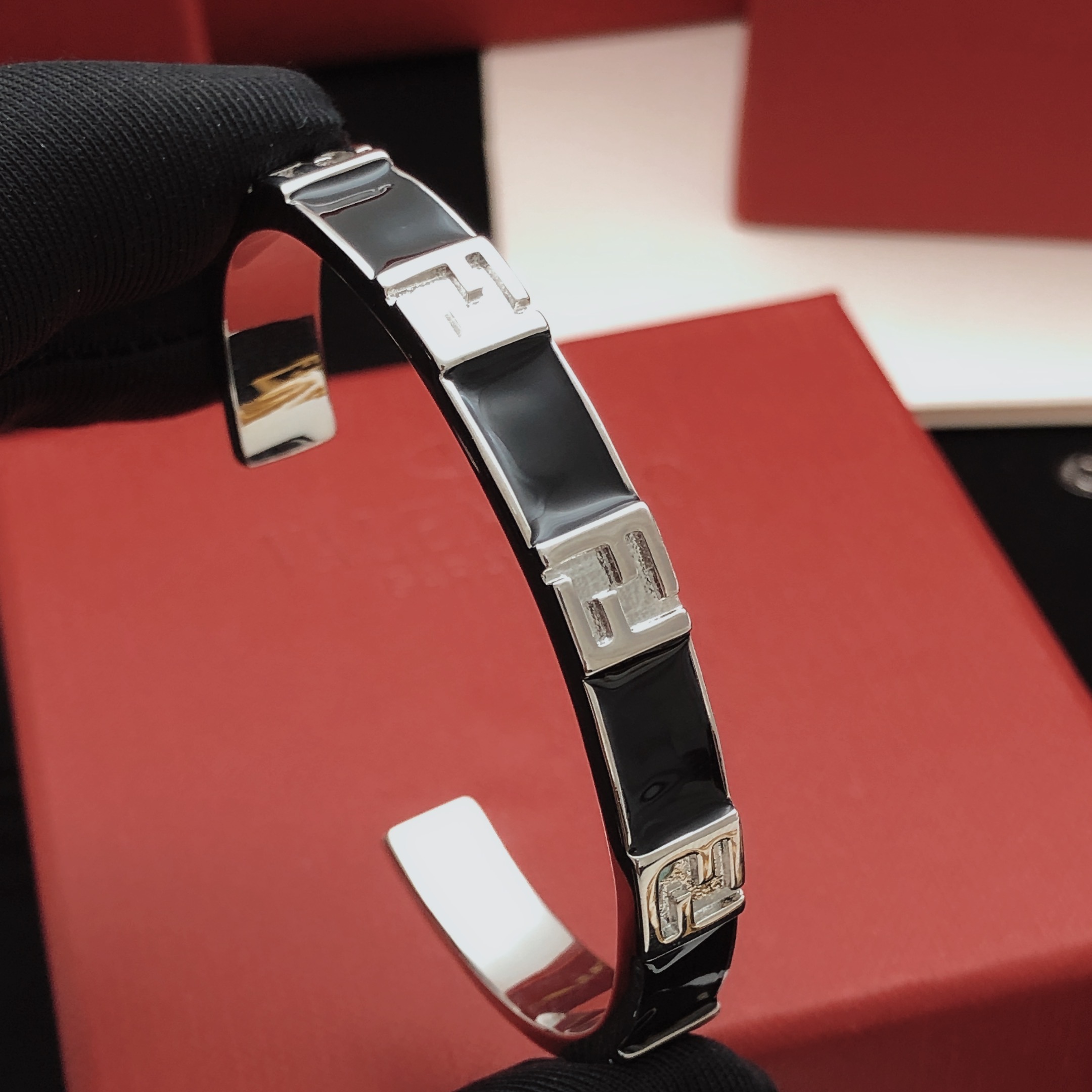 Fendi FF Logo Enamel Cuff bracelet silver-tone metal with black enamel 17cm inner circumference