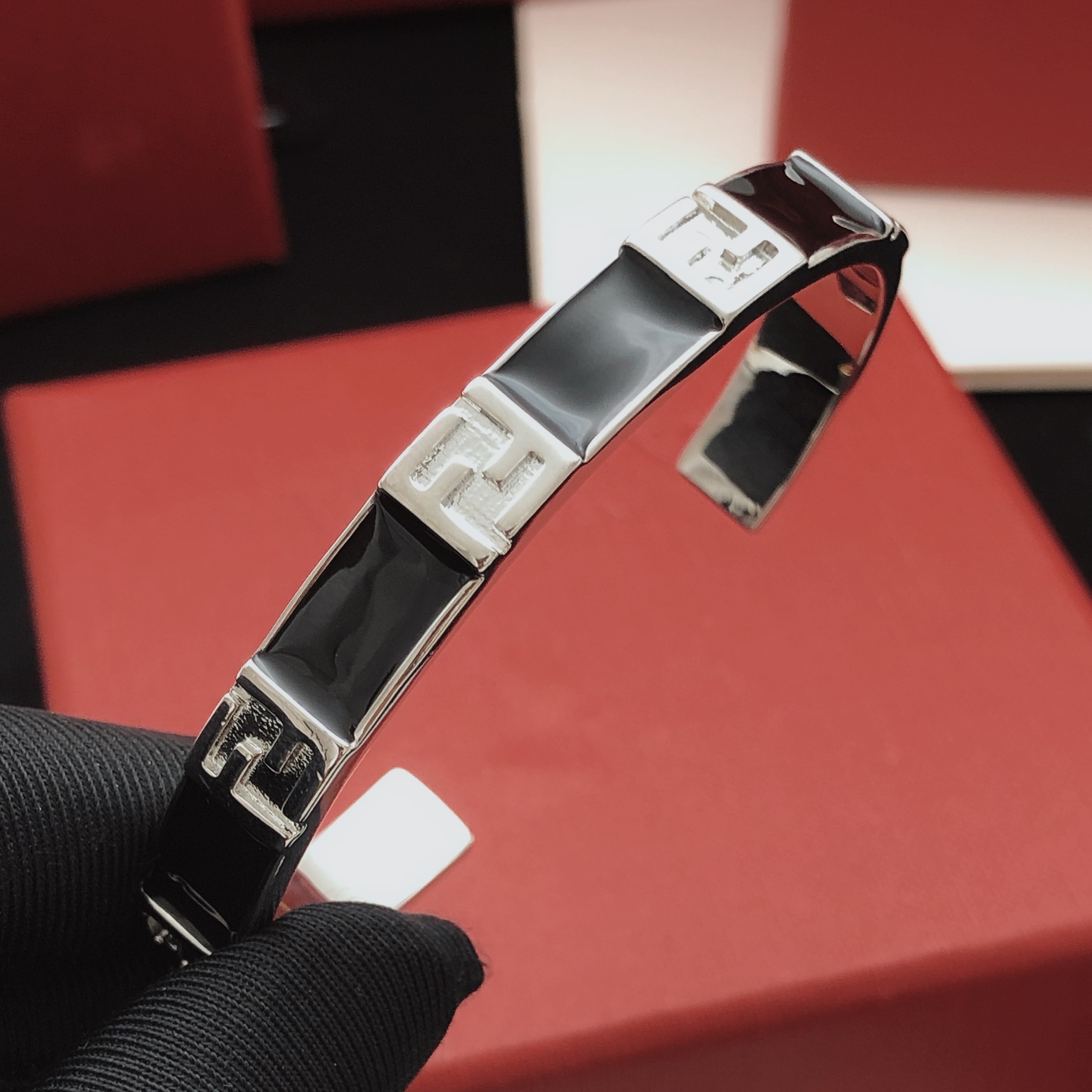 Fendi FF Logo Enamel Cuff bracelet silver-tone metal with black enamel 17cm inner circumference