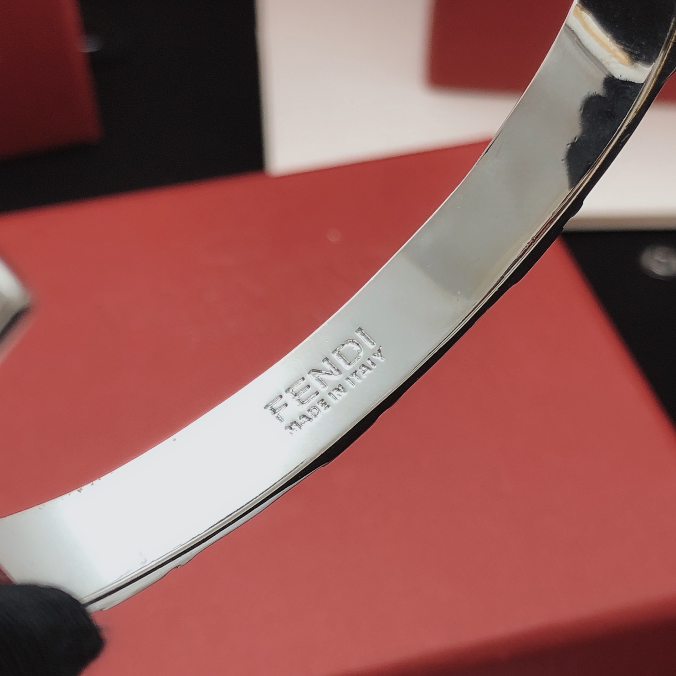 Fendi FF Logo Enamel Cuff bracelet silver-tone metal with black enamel 17cm inner circumference
