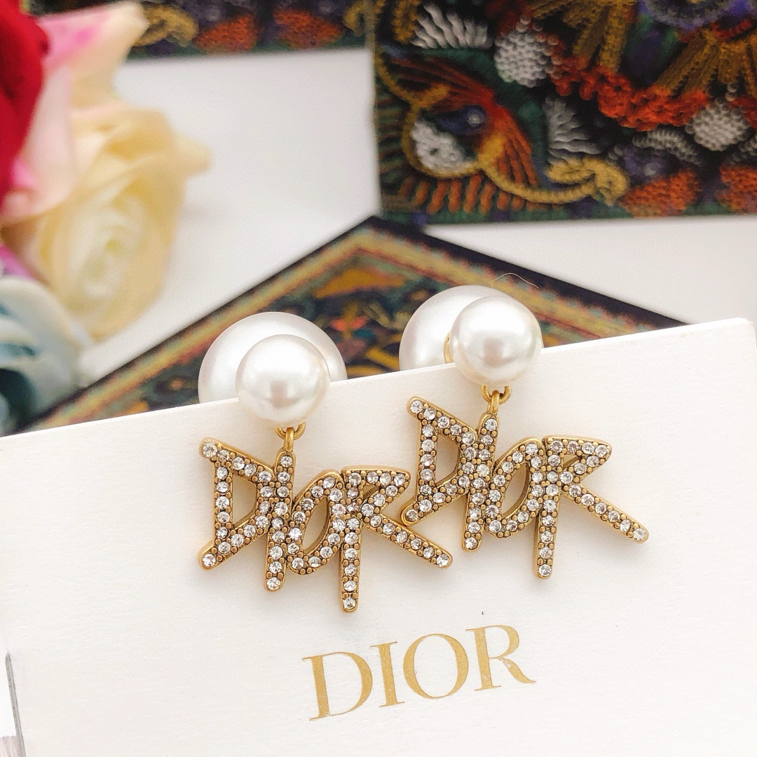 Dior DED0535 Tribales Logo Pearl Earrings earrings Gold-tone metal white resin pearls clear crystal pave One size post length 1cm drop length 2 5cm