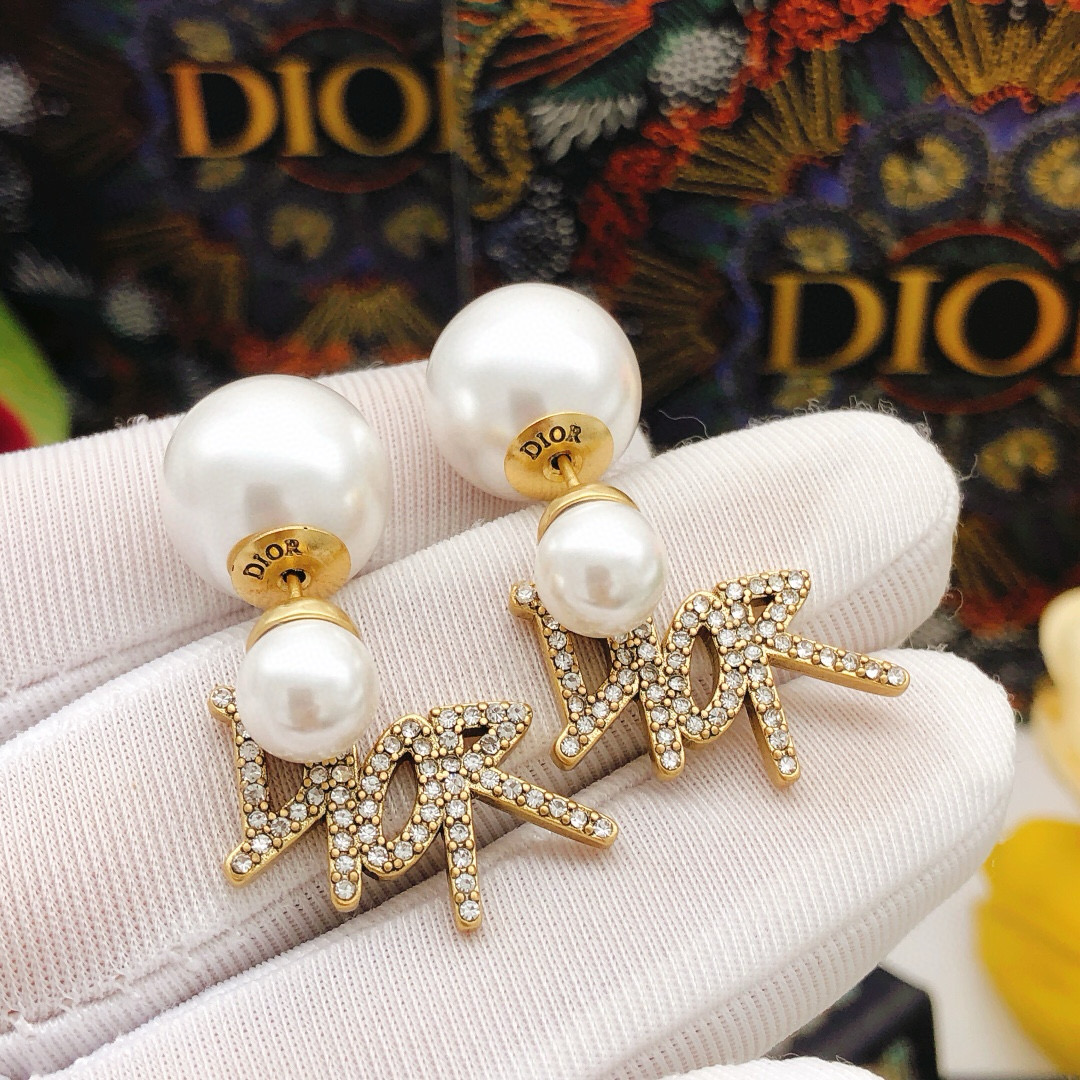 Dior DED0535 Tribales Logo Pearl Earrings earrings Gold-tone metal white resin pearls clear crystal pave One size post length 1cm drop length 2 5cm