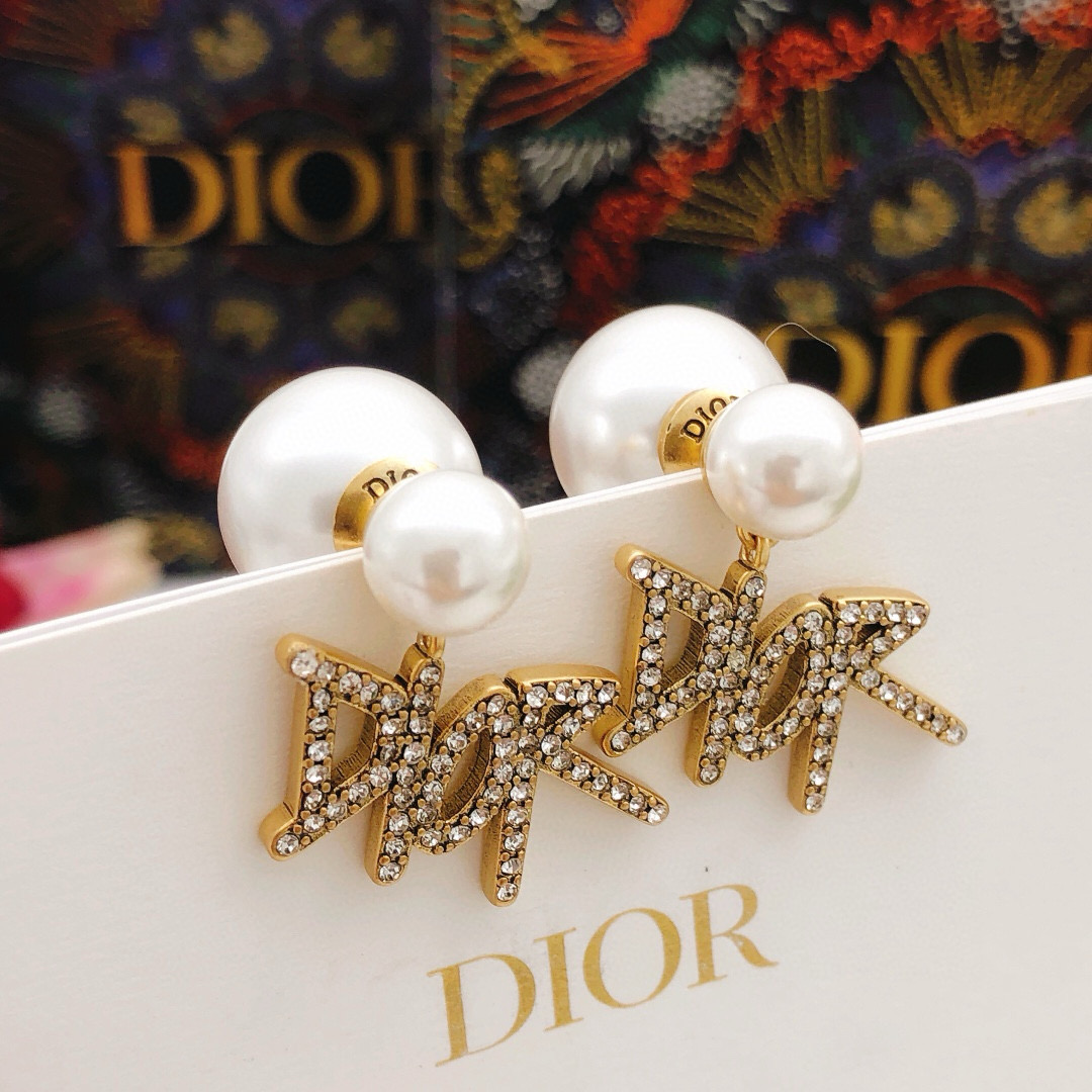 Dior DED0535 Tribales Logo Pearl Earrings earrings Gold-tone metal white resin pearls clear crystal pave One size post length 1cm drop length 2 5cm