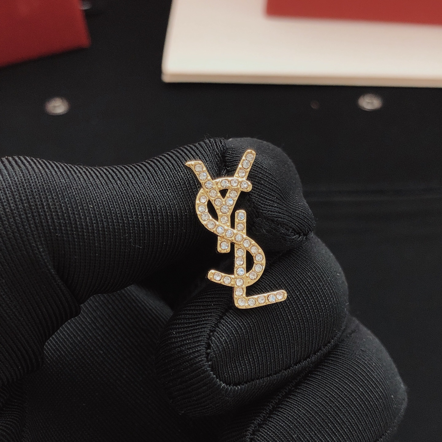 Saint Laurent YED0084 Cassandre Monogram earrings gold-tone metal with clear crystal accents 2 3cm length