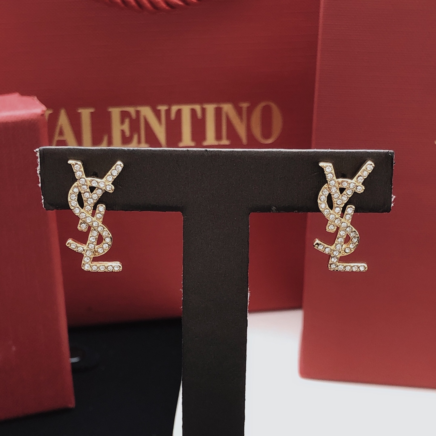 Saint Laurent YED0084 Cassandre Monogram earrings gold-tone metal with clear crystal accents 2 3cm length