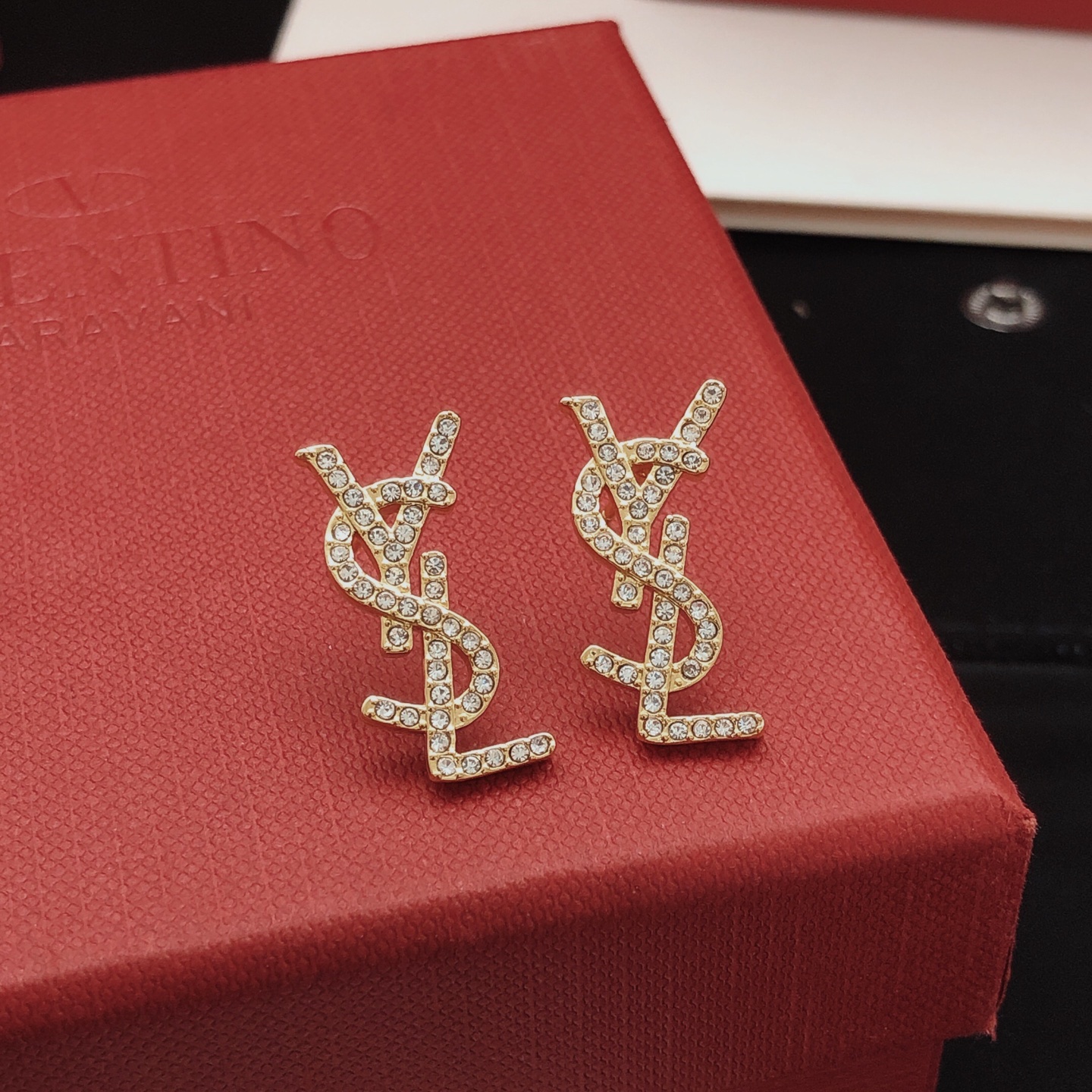 Saint Laurent YED0084 Cassandre Monogram earrings gold-tone metal with clear crystal accents 2 3cm length