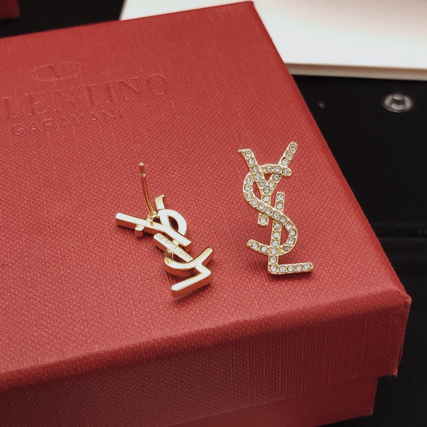 Saint Laurent YED0084 Cassandre Monogram earrings gold-tone metal with clear crystal accents 2 3cm length
