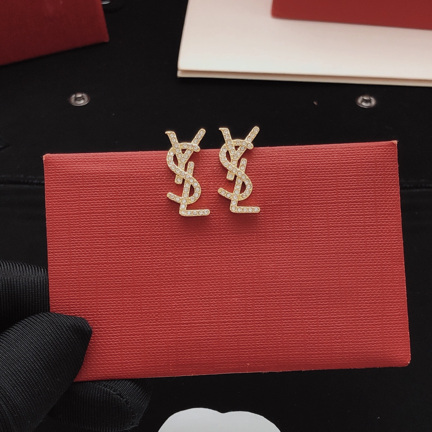 Saint Laurent YED0084 Cassandre Monogram earrings gold-tone metal with clear crystal accents 2 3cm length