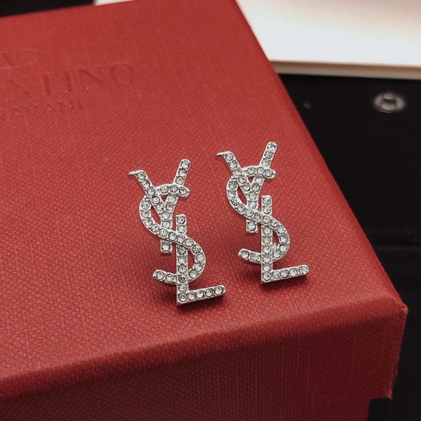 Saint Laurent YED0066 Cassandre Monogram earrings silver-toned metal with clear crystal accents 2cm length