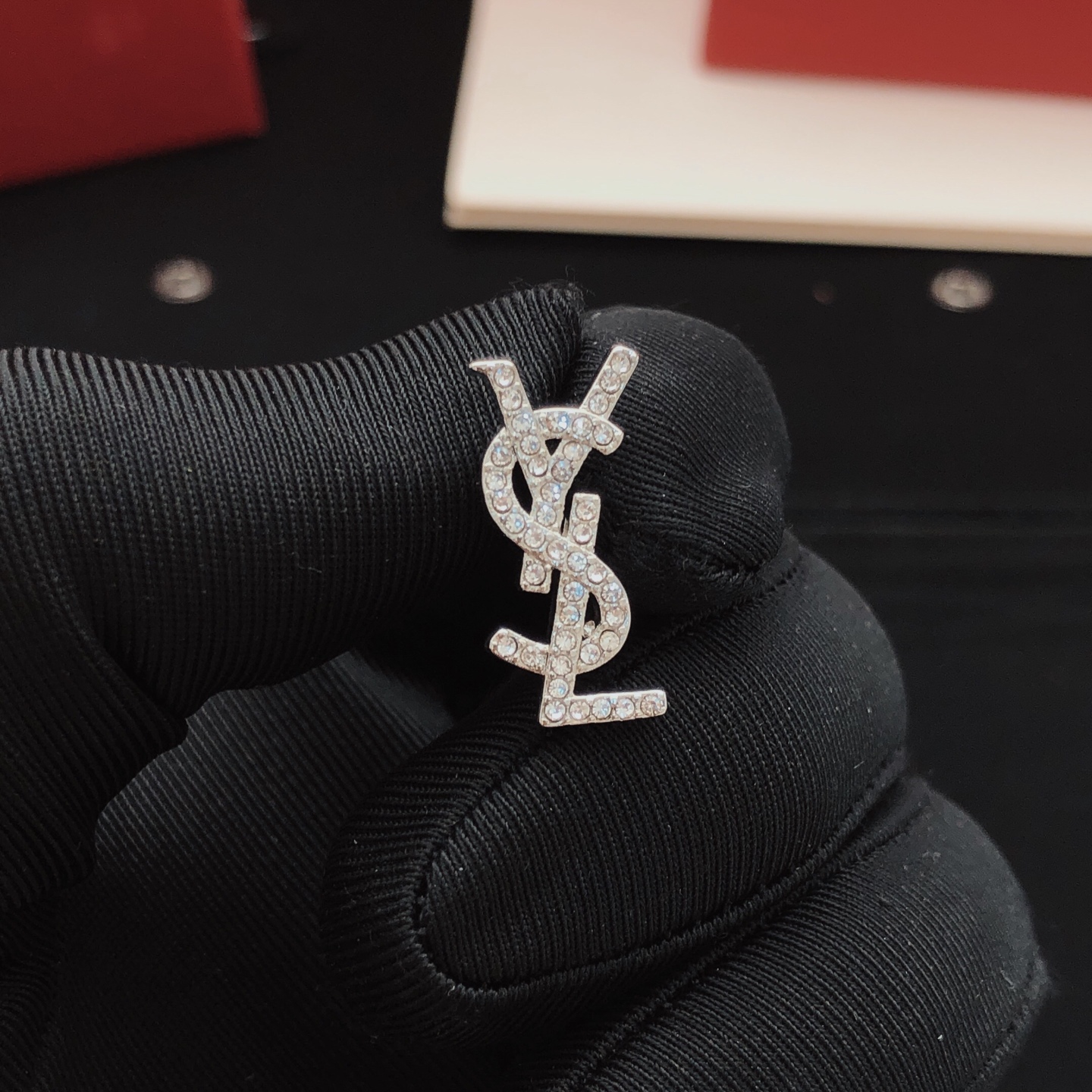 Saint Laurent YED0066 Cassandre Monogram earrings silver-toned metal with clear crystal accents 2cm length