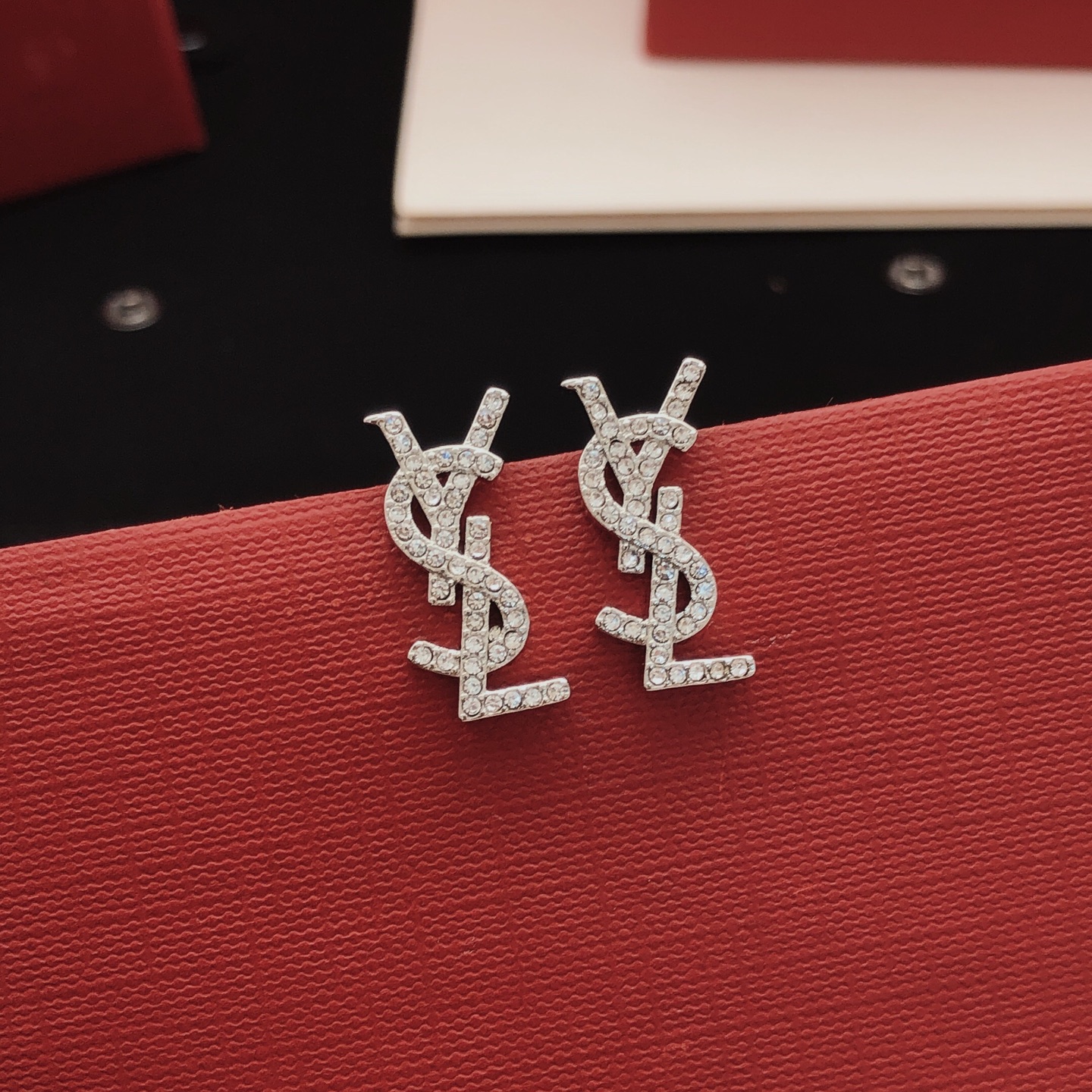 Saint Laurent YED0066 Cassandre Monogram earrings silver-toned metal with clear crystal accents 2cm length
