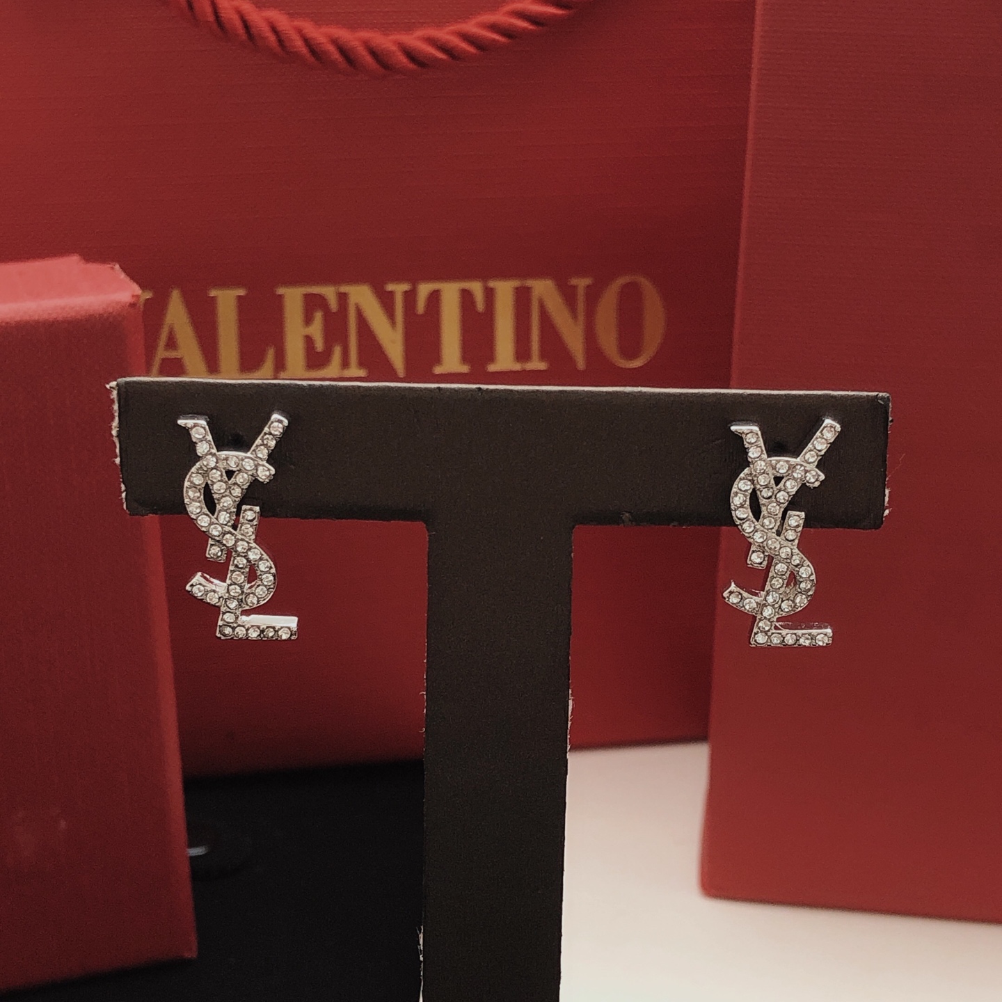 Saint Laurent YED0066 Cassandre Monogram earrings silver-toned metal with clear crystal accents 2cm length