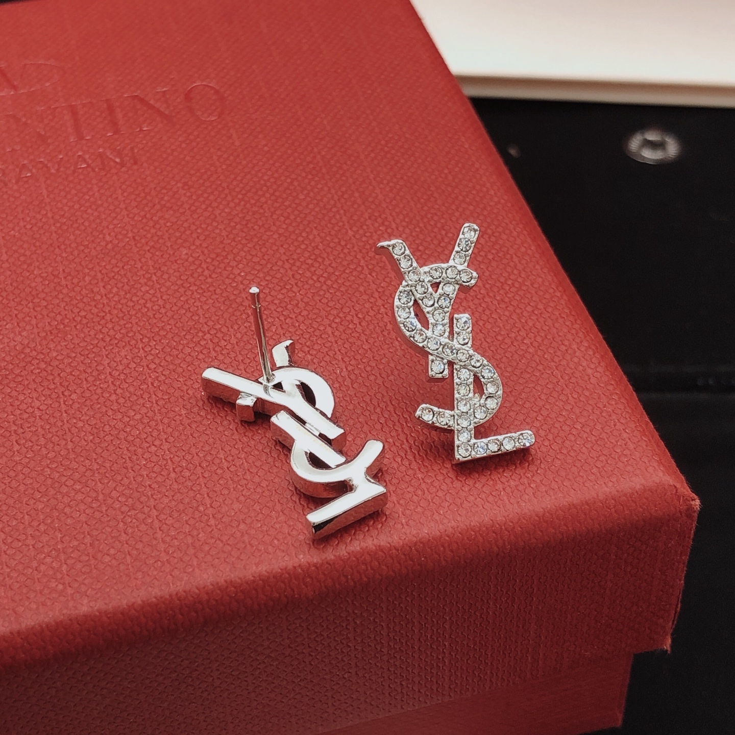 Saint Laurent YED0066 Cassandre Monogram earrings silver-toned metal with clear crystal accents 2cm length