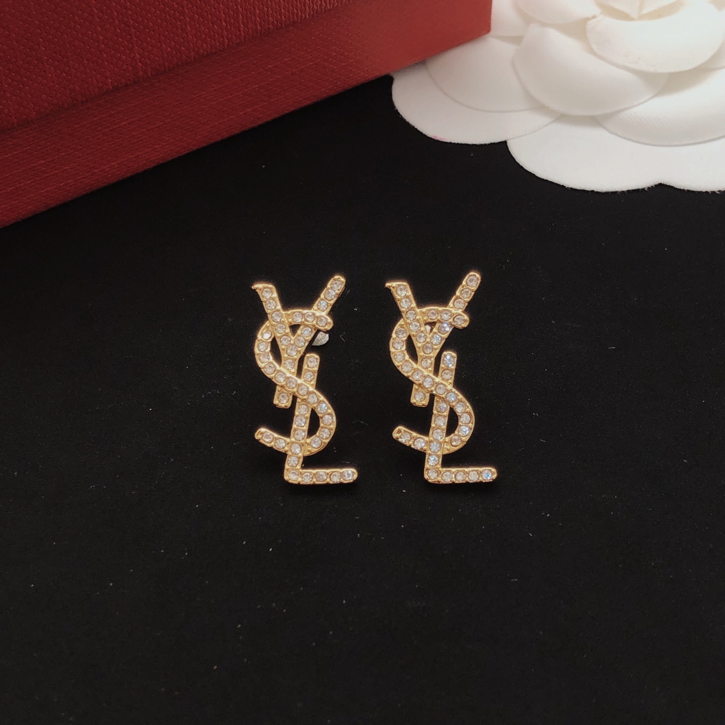 Saint Laurent YED0084 Cassandre Monogram earrings gold-tone metal with clear crystal accents 2 3cm length