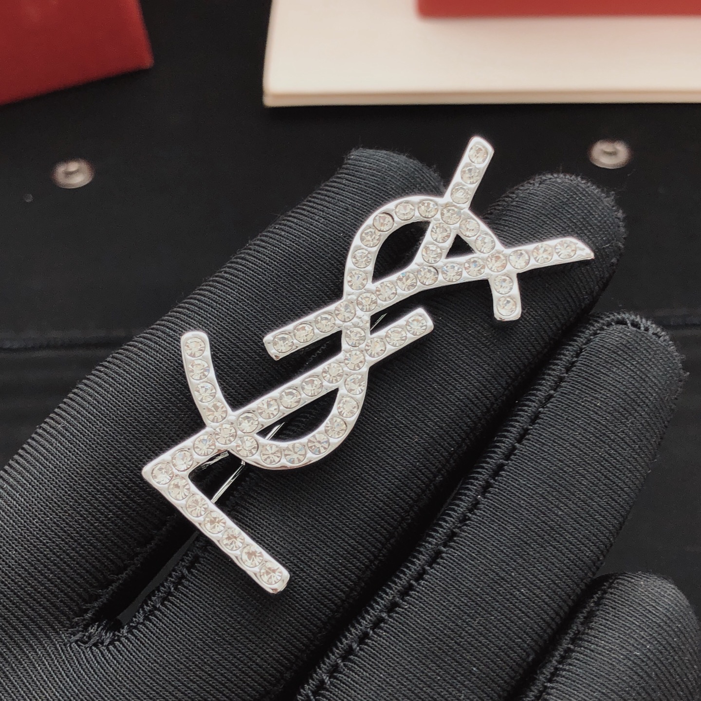Saint Laurent YXZ0010 Cassandre Monogram Brooch brooch silver-toned metal with clear crystal rhinestones 4 5cm height