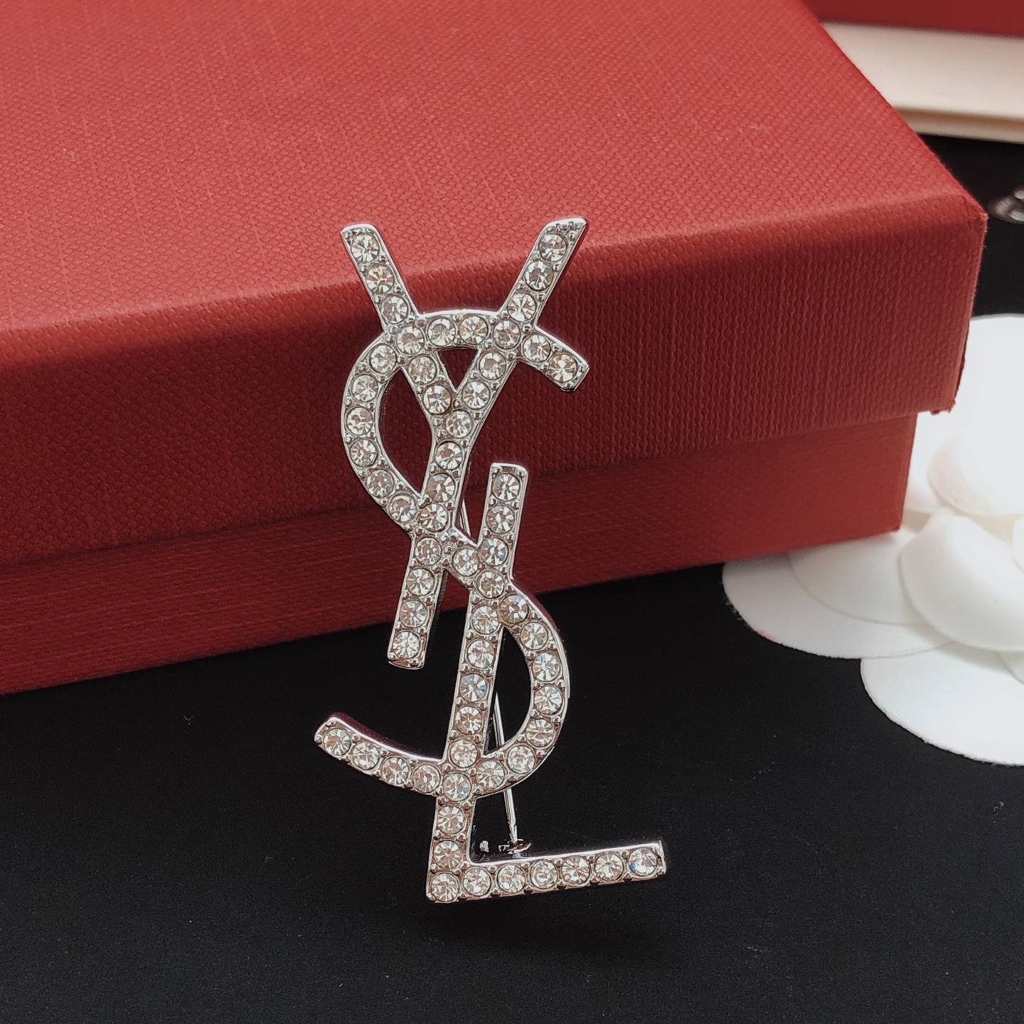 Saint Laurent YXZ0010 Cassandre Monogram Brooch brooch silver-toned metal with clear crystal rhinestones 4 5cm height