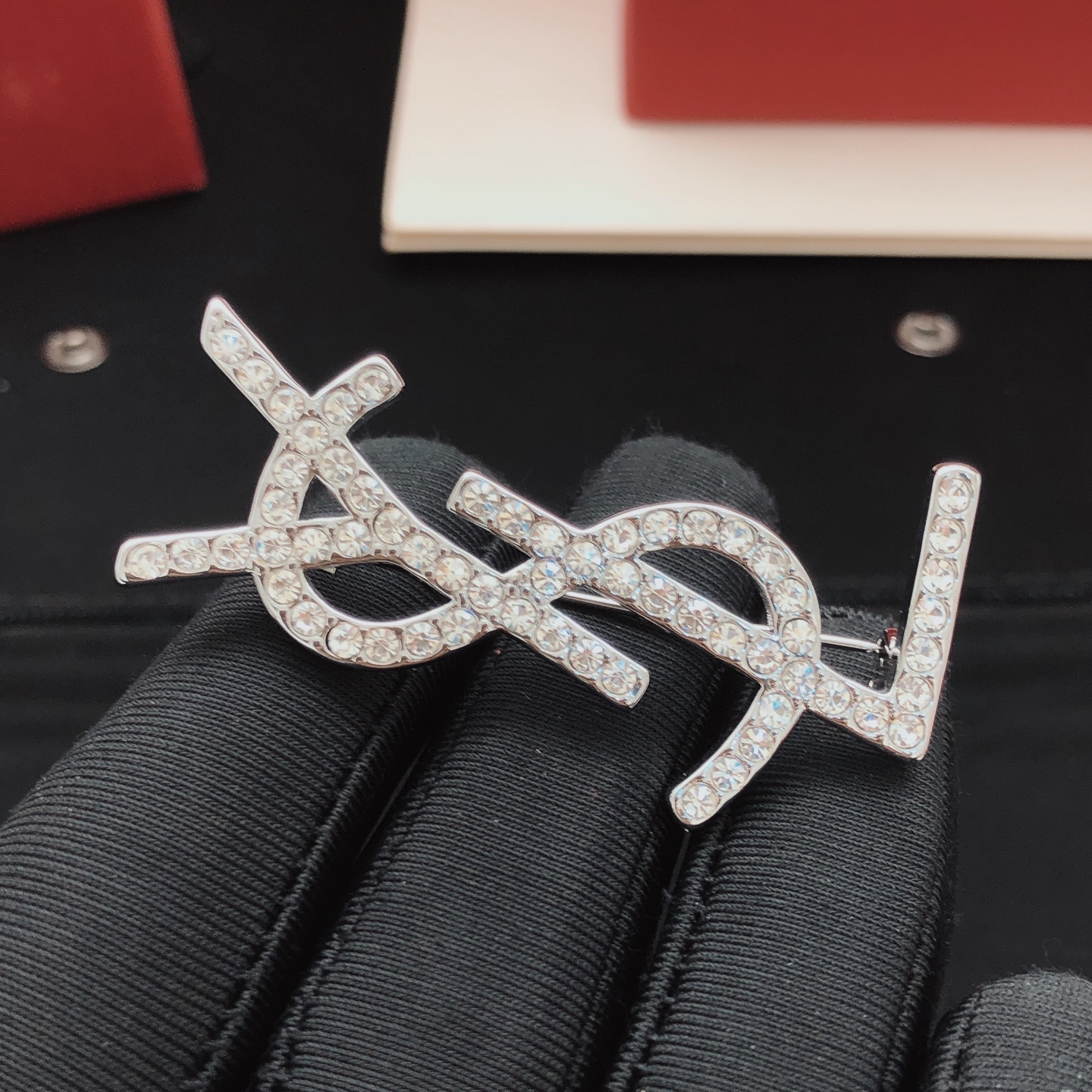 Saint Laurent YXZ0010 Cassandre Monogram Brooch brooch silver-toned metal with clear crystal rhinestones 4 5cm height