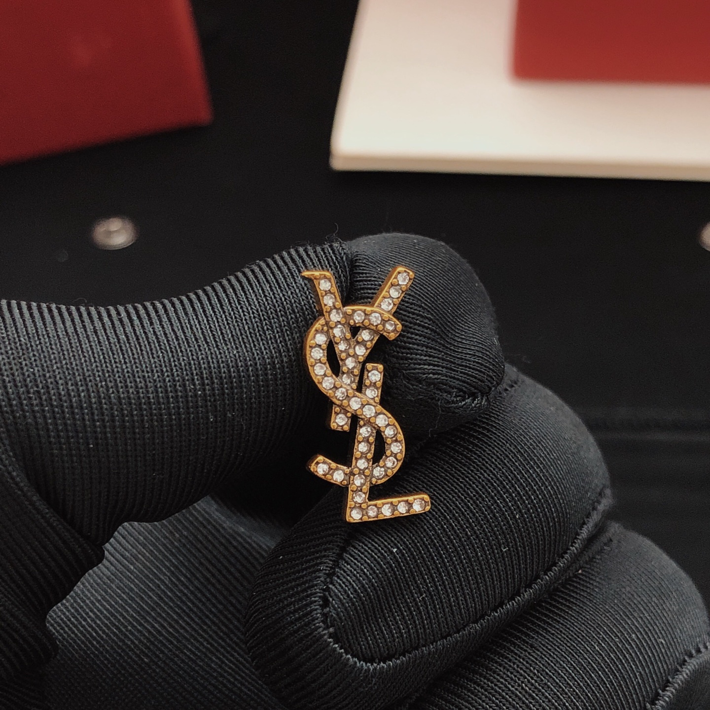 Saint Laurent YED0085 Cassandre Monogram earrings antique gold metal with clear crystal stones 2cm length