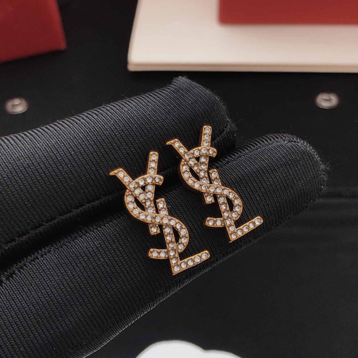 Saint Laurent YED0085 Cassandre Monogram earrings antique gold metal with clear crystal stones 2cm length