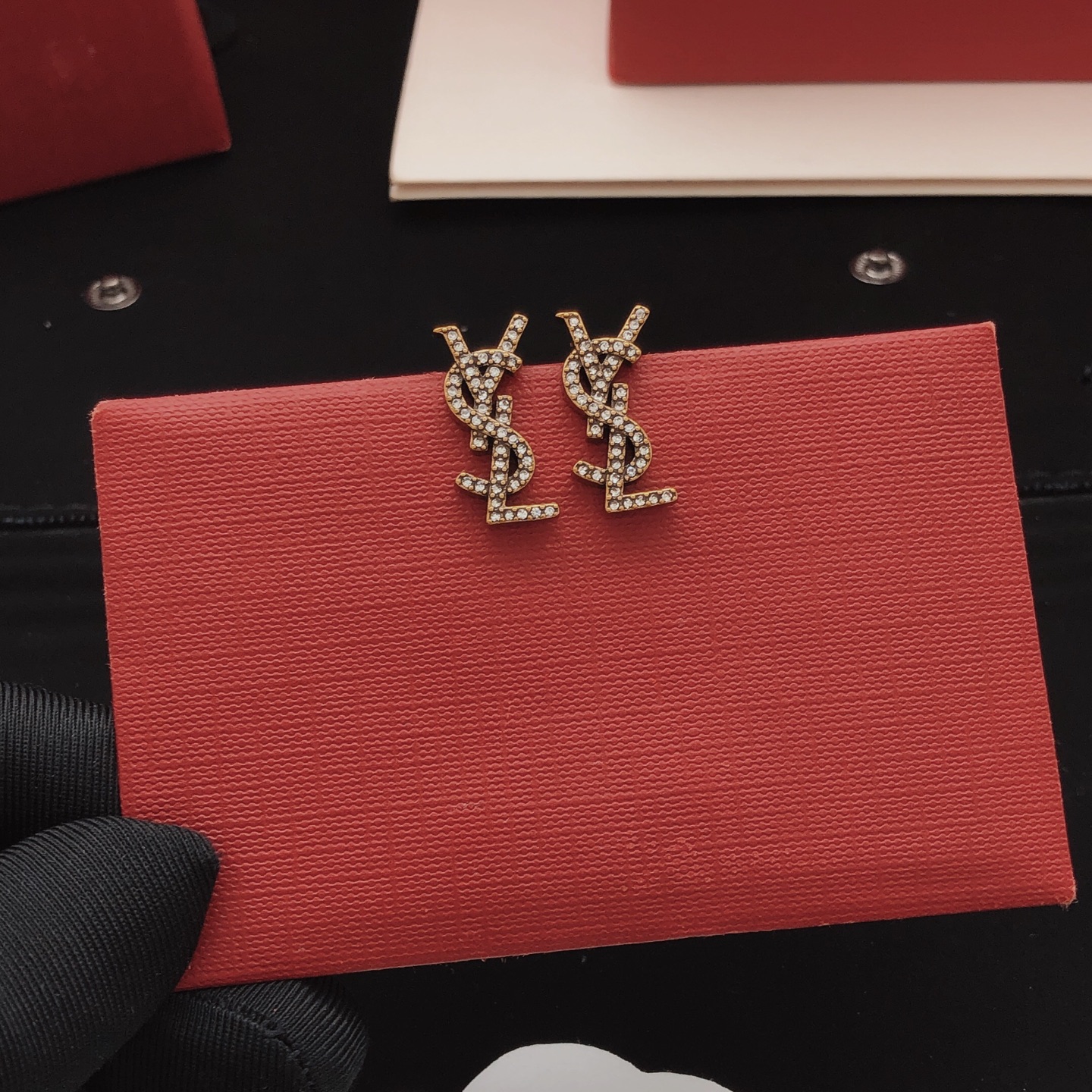 Saint Laurent YED0085 Cassandre Monogram earrings antique gold metal with clear crystal stones 2cm length