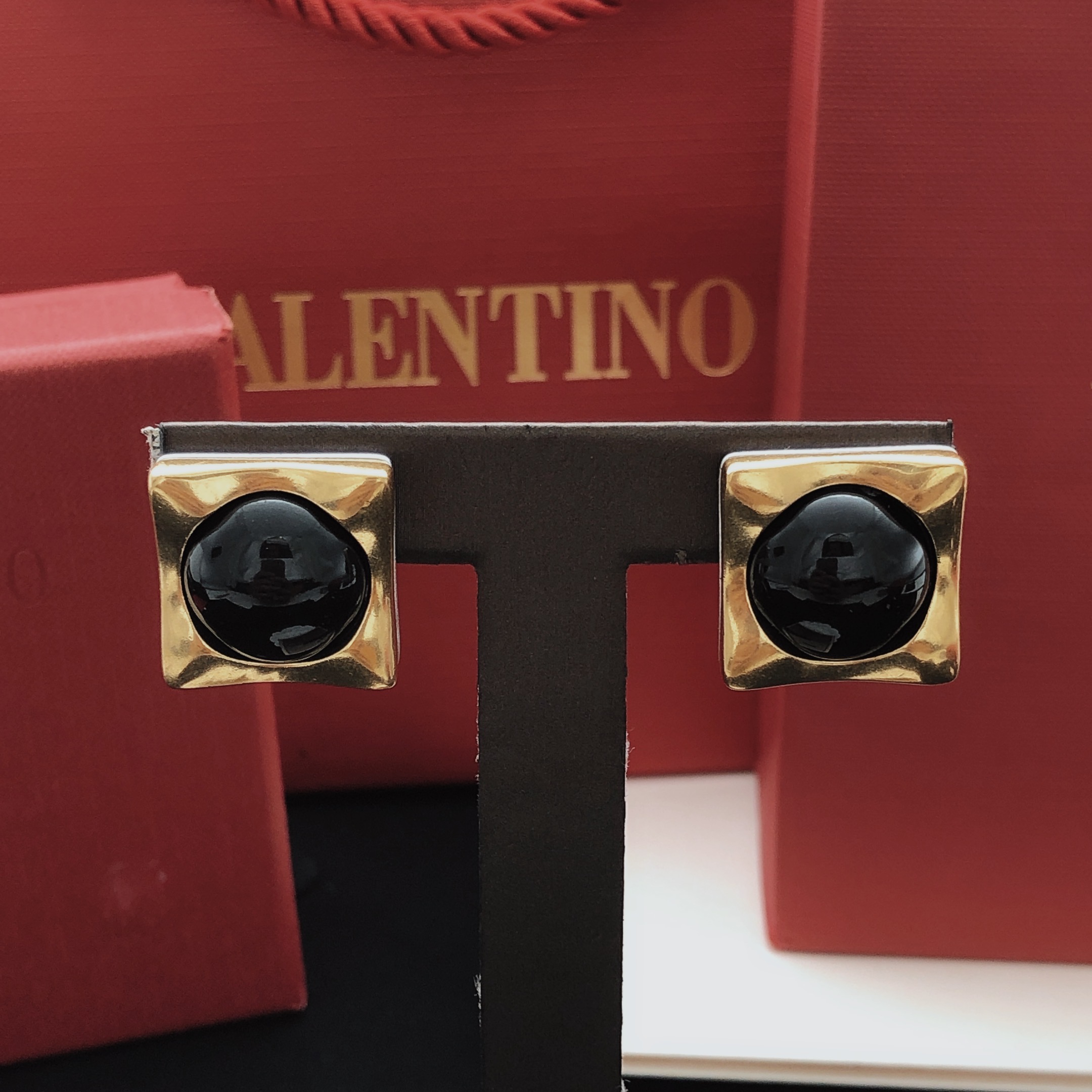 Saint Laurent YED0020 Square Cabochon Stud Earrings earrings gold-tone metal with black cabochon stone 2cm stud diameter