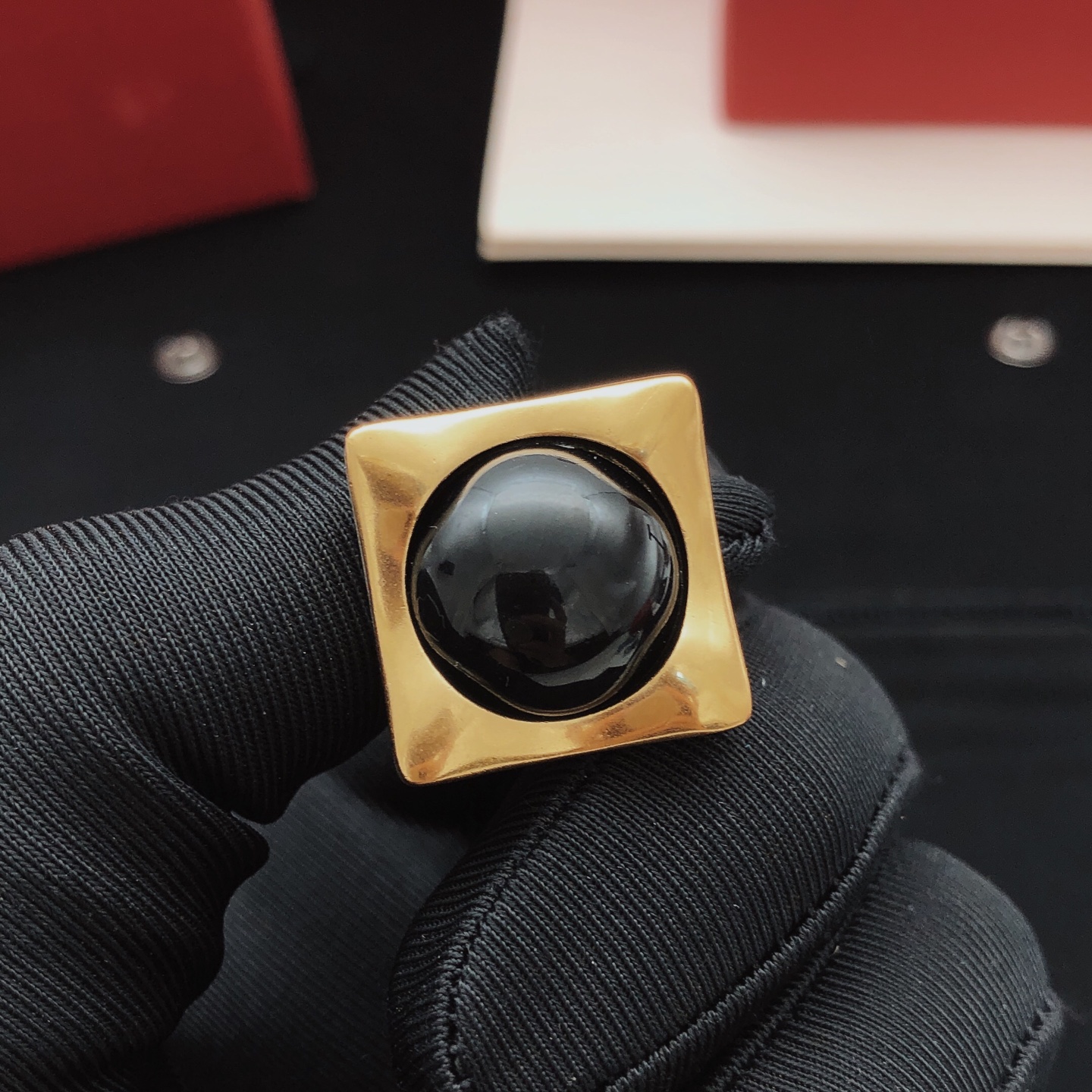 Saint Laurent YED0020 Square Cabochon Stud Earrings earrings gold-tone metal with black cabochon stone 2cm stud diameter