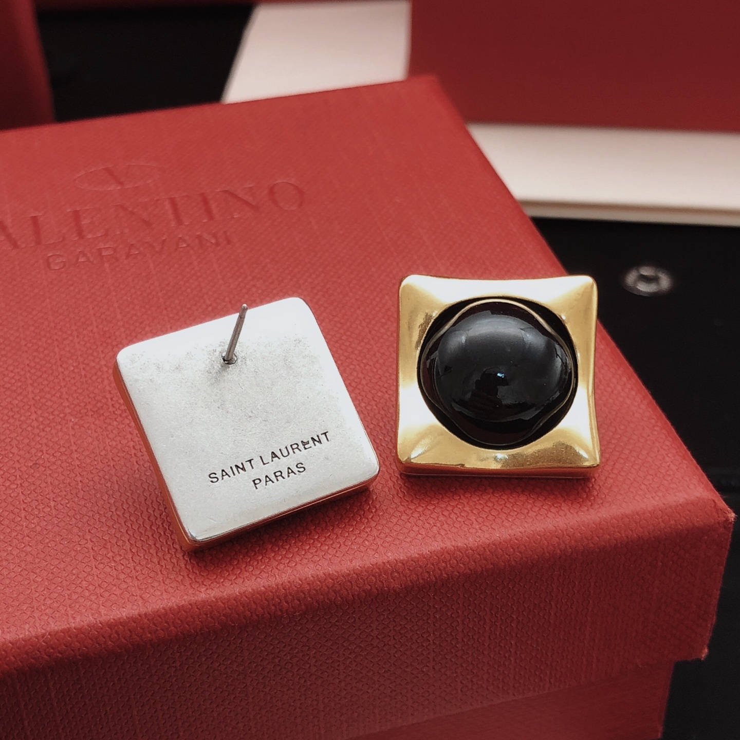 Saint Laurent YED0020 Square Cabochon Stud Earrings earrings gold-tone metal with black cabochon stone 2cm stud diameter