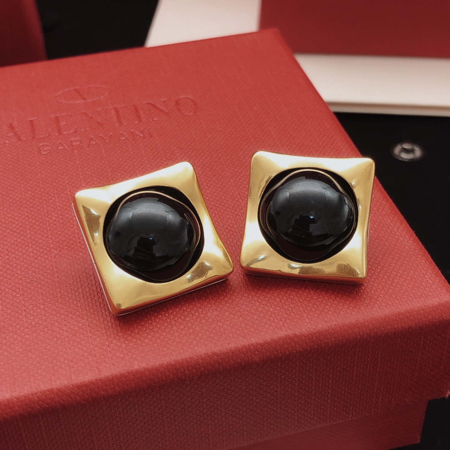 Saint Laurent YED0020 Square Cabochon Stud Earrings earrings gold-tone metal with black cabochon stone 2cm stud diameter