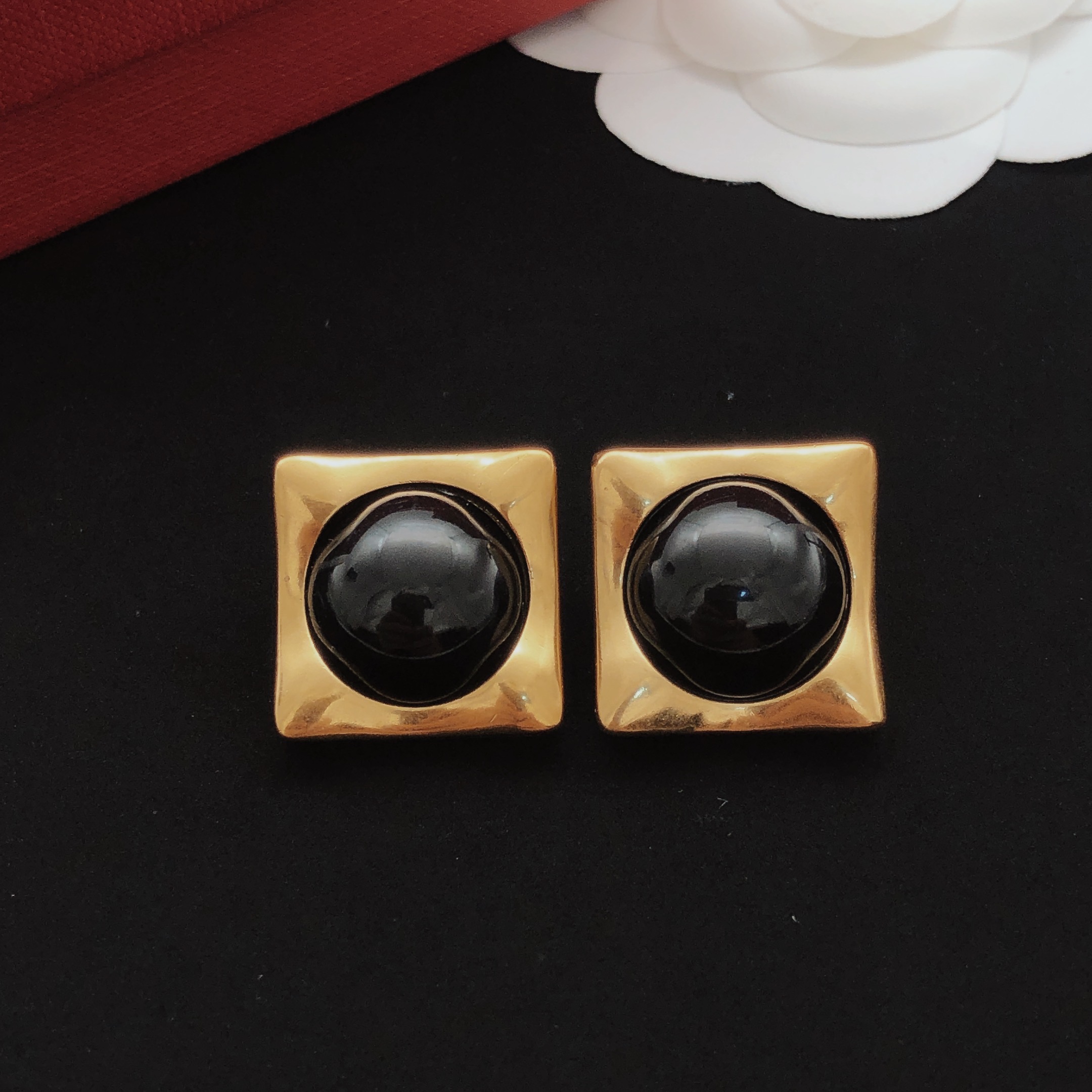 Saint Laurent YED0020 Square Cabochon Stud Earrings earrings gold-tone metal with black cabochon stone 2cm stud diameter