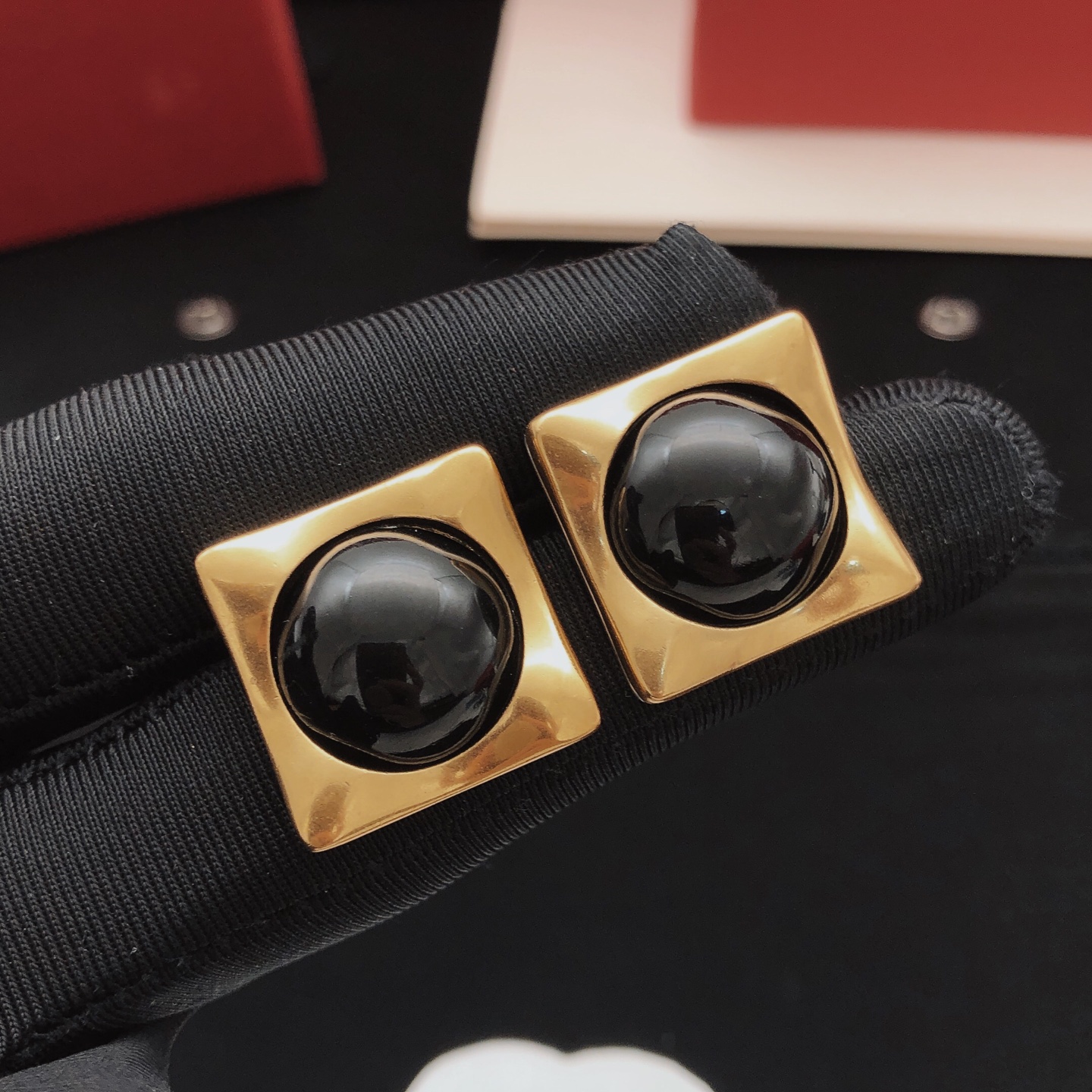 Saint Laurent YED0020 Square Cabochon Stud Earrings earrings gold-tone metal with black cabochon stone 2cm stud diameter