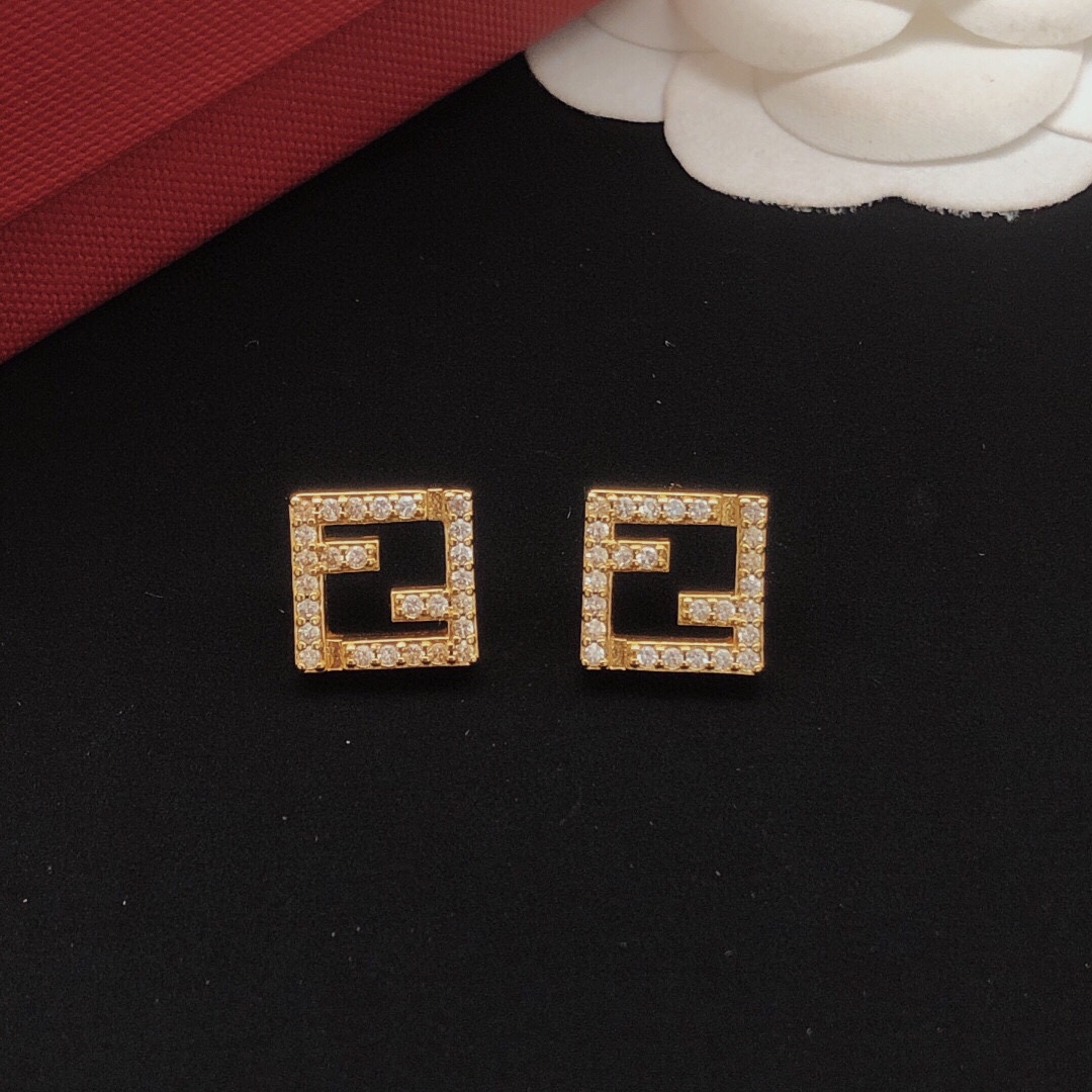 Fendi FF Logo Stud Earrings earrings gold-tone metal with clear crystal accents 1cm square