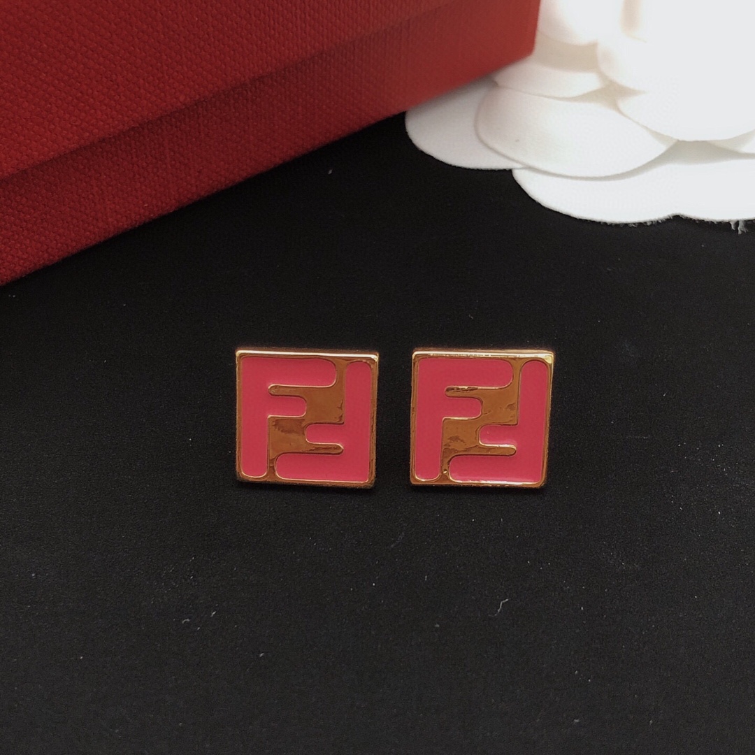 Fendi FF Logo Square Stud Earrings earrings gold-tone metal with hot pink enamel 1 2cm