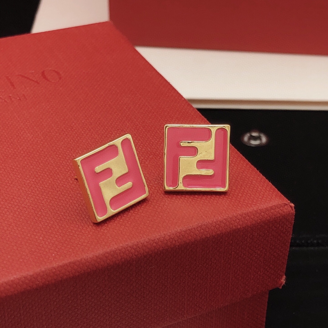 Fendi FF Logo Square Stud Earrings earrings gold-tone metal with hot pink enamel 1 2cm