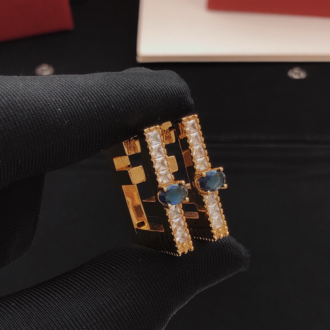 Fendi FF Logo Crystal Hoop Earrings earrings Gold-tone metal with clear crystals and dark blue gemstones 2 5cm hoop diameter