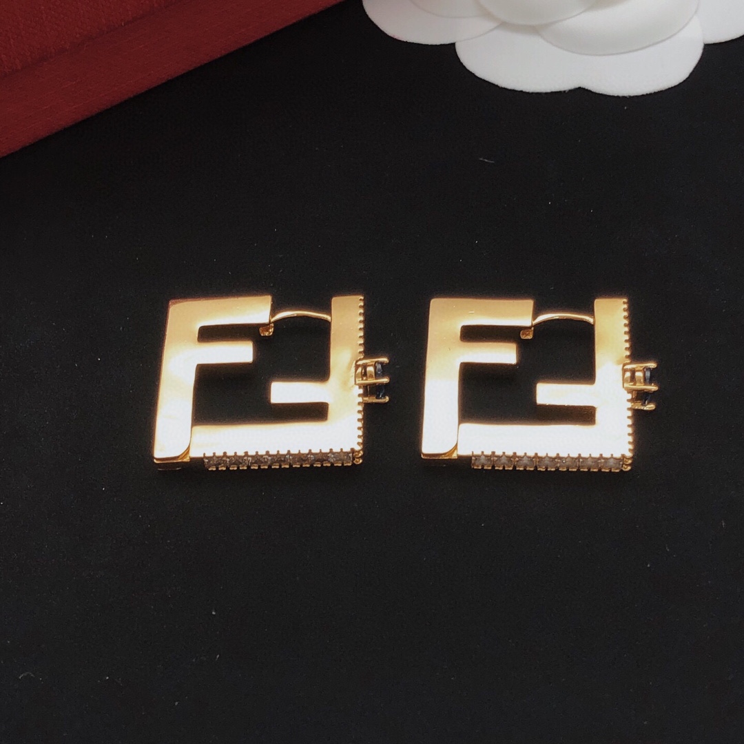 Fendi FF Logo Crystal Hoop Earrings earrings Gold-tone metal with clear crystals and dark blue gemstones 2 5cm hoop diameter