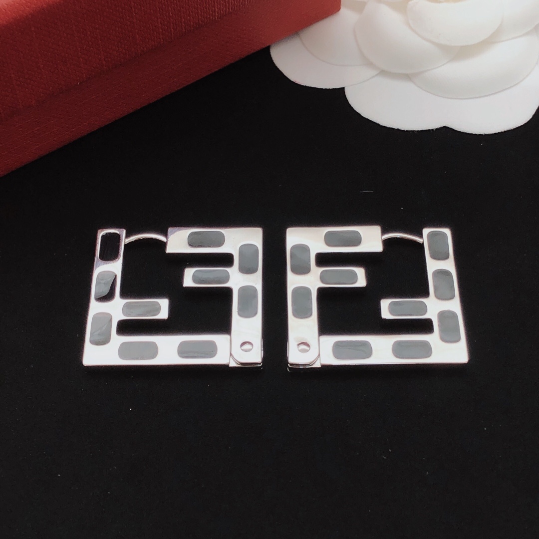 Fendi FF Logo Hoop Earrings earrings Silver-tone metal with black enamel accents 3cm