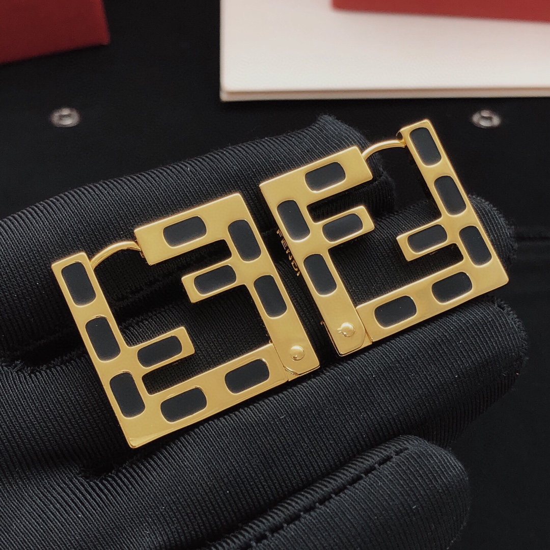 Fendi FF Logo Cutout Hoop Earrings earrings gold-tone metal with black enamel inlay 3 5cm length