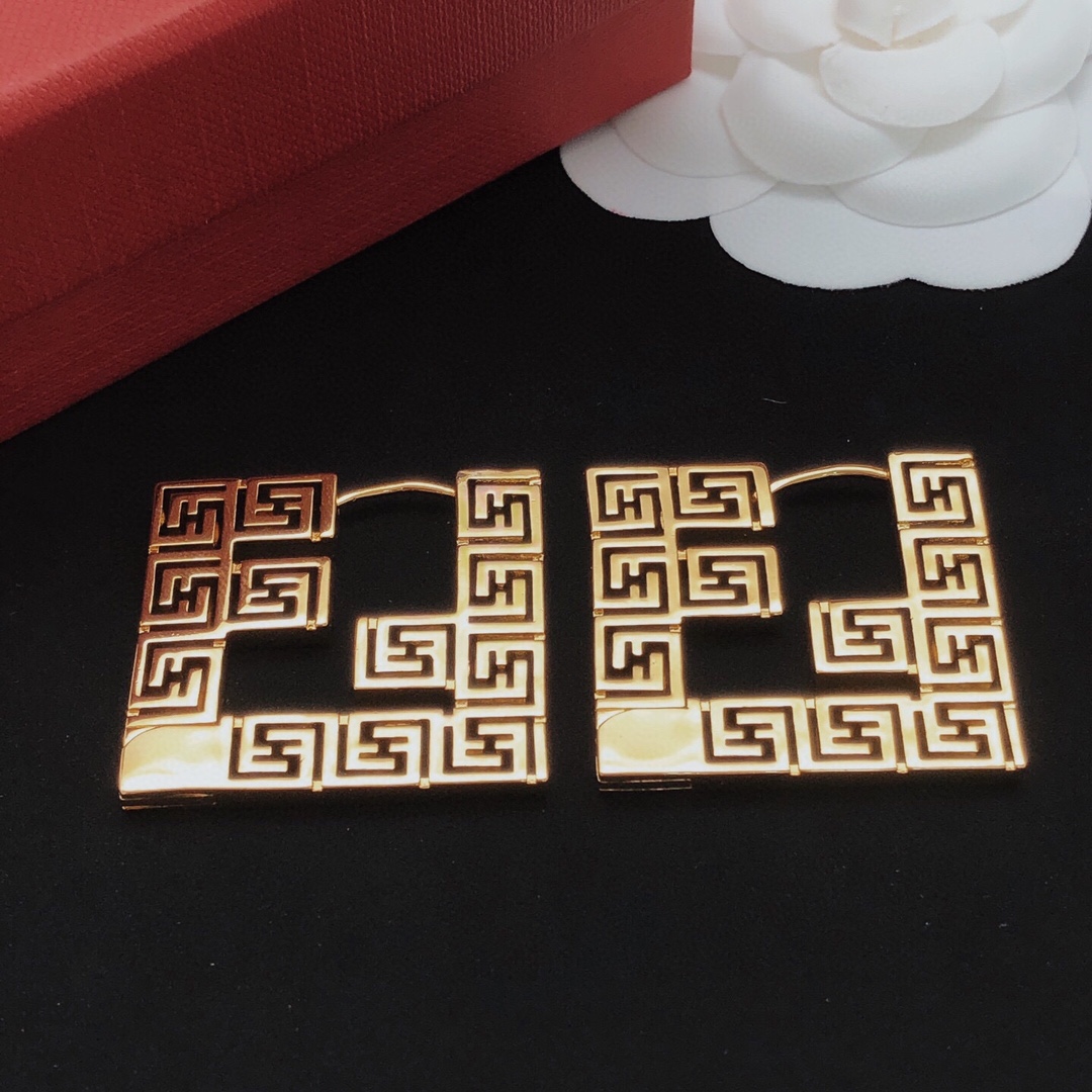 Fendi FF Monogram Square Hoop earrings gold-tone metal with black enamel detailing 4cm