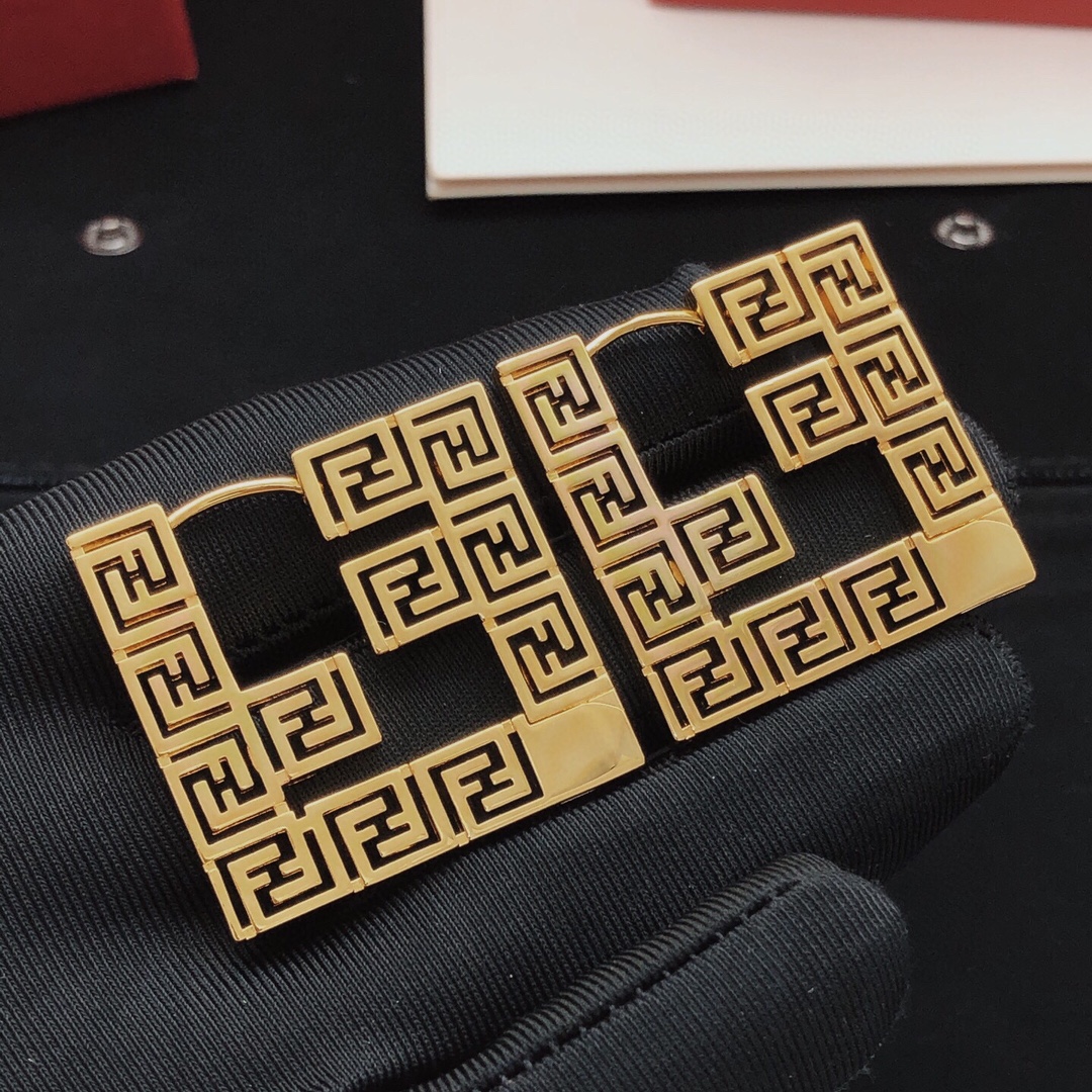 Fendi FF Monogram Square Hoop earrings gold-tone metal with black enamel detailing 4cm