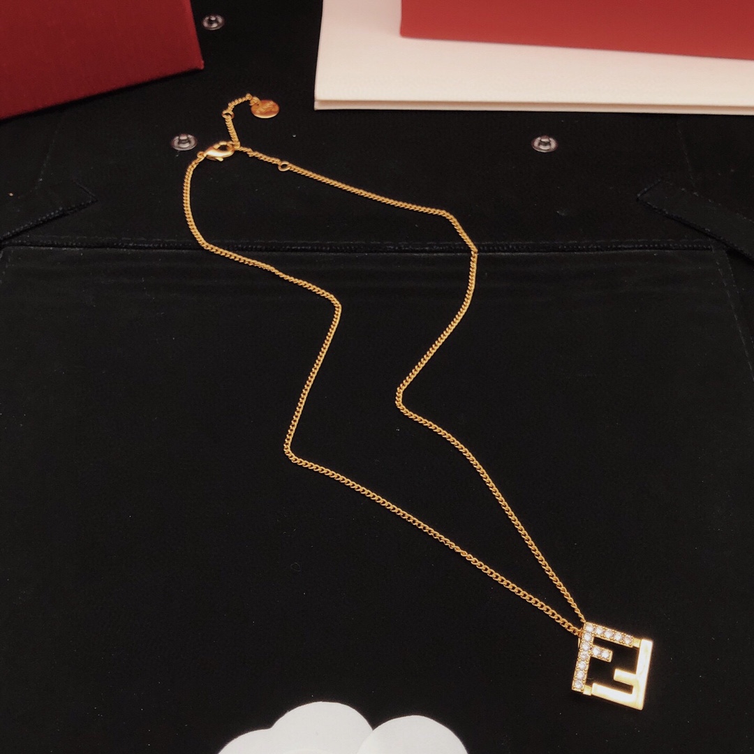 Fendi FF Logo Pendant necklace gold-tone metal with clear cubic zirconia stones 45cm with 5cm extender