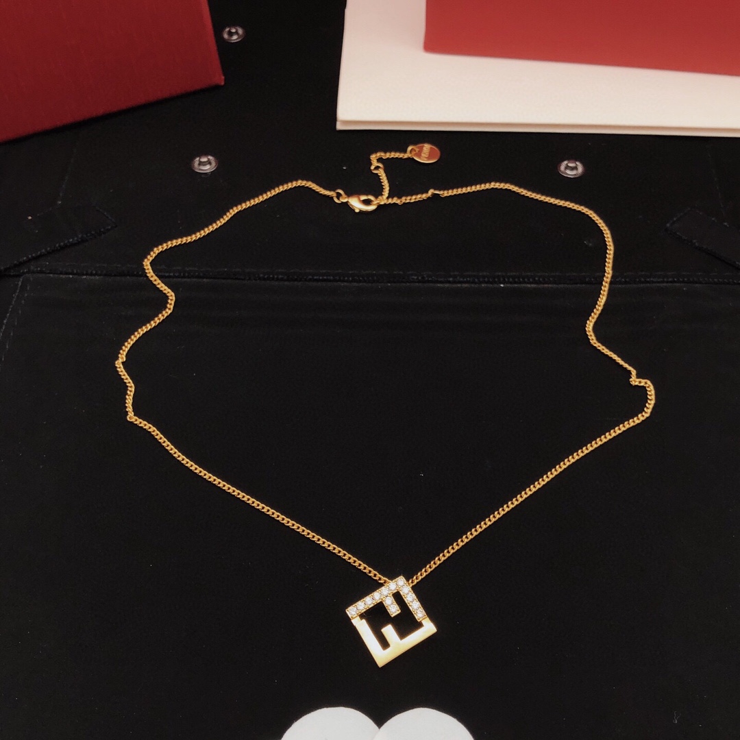Fendi FF Logo Pendant necklace gold-tone metal with clear cubic zirconia stones 45cm with 5cm extender