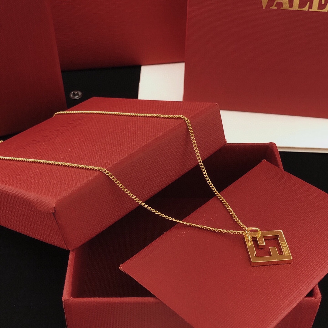 Fendi FF Logo Pendant necklace gold-tone metal with clear cubic zirconia stones 45cm with 5cm extender