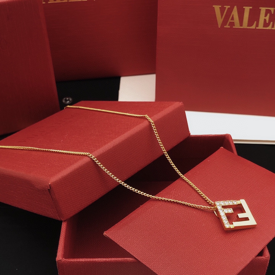 Fendi FF Logo Pendant necklace gold-tone metal with clear cubic zirconia stones 45cm with 5cm extender